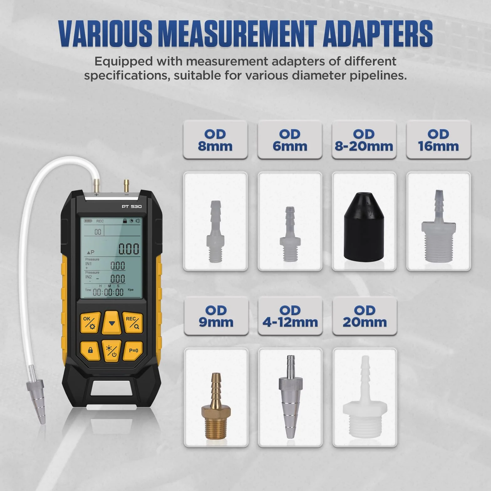 PT530 Manometer-Gasdruckprüfer -100 bis 300 Kpa Digitales Dual-Port-Feldmanometer HVAC 10 Einheiten 7 Adapter, Datensperre und -speicherung Display mit Hintergrundbeleuchtung
