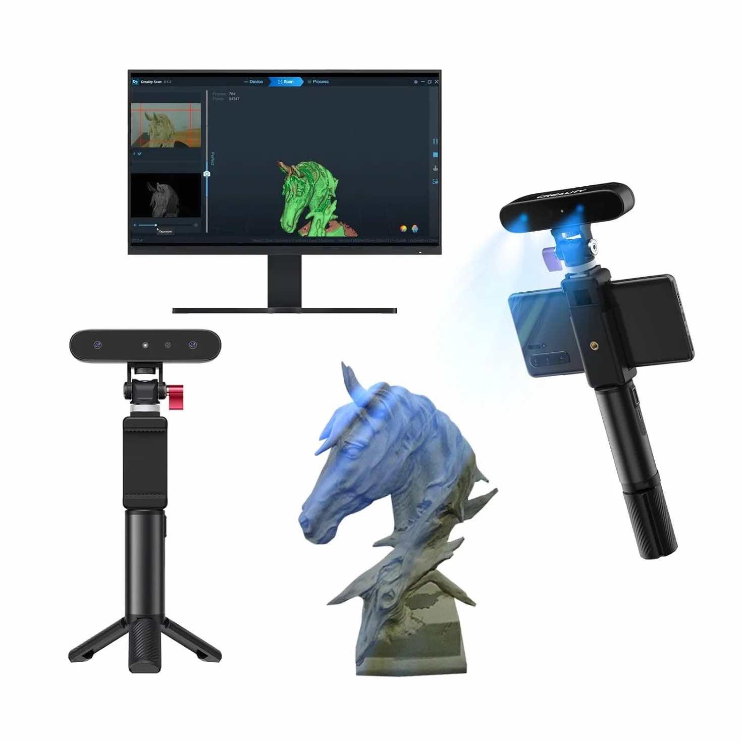 Creality CR-Scan Ferret 3D-Scanner, 0,1 mm Präzision, 30FPS & ASIC-Chip, Dualmodus für Möbel/Statue, 24-Bit-Farbscan (Outdoor-tauglich, 105g Ultra-Leicht), für Android Windows macOS