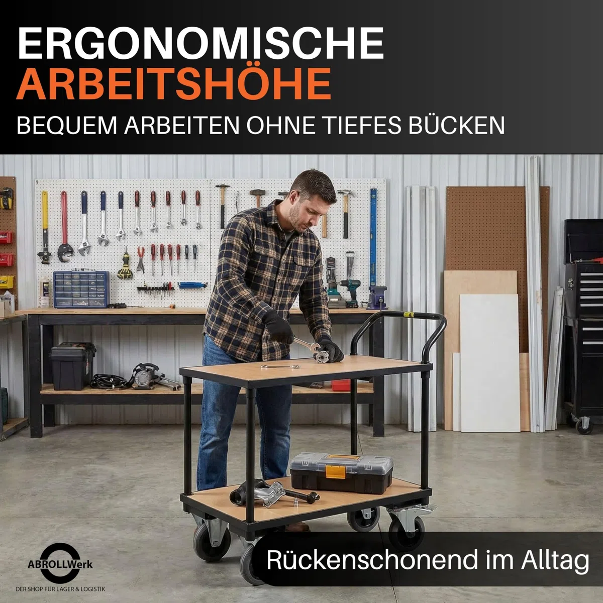 Etagenwagen schwarz 400 kg Traglast – Rollwagen mit 2 Ebenen & Vollgummireifen – Plattformwagen Stahl 95x50x97 cm – Robuster Werkstattwagen Kommissionierwagen Tischwagen (1, schwarz)
