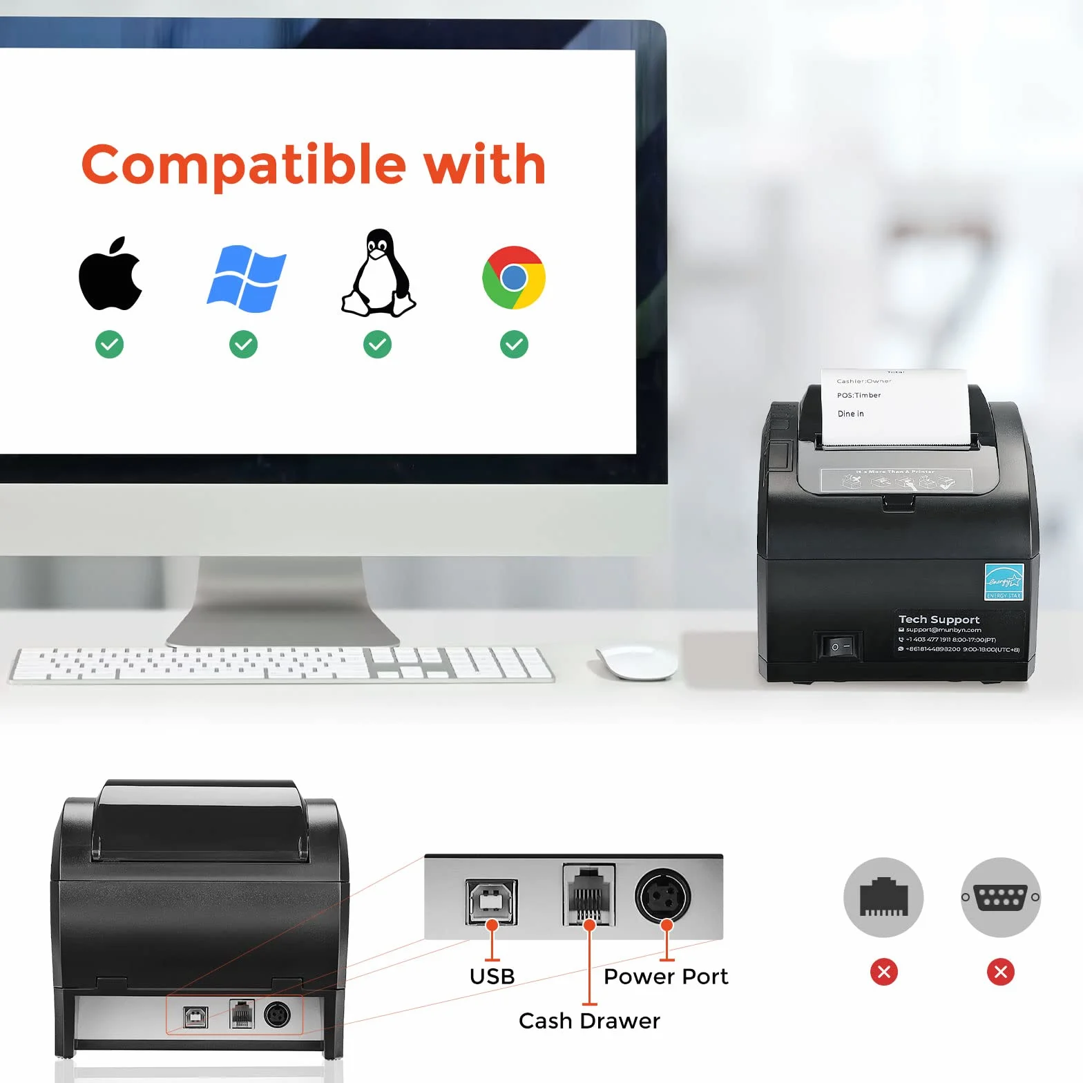 MUNBYN Thermodrucker Bondrukcer 80mm Auto-Cut Schublade Drucker, Hochgeschwindigkeits Drucken 230mm / sec, USB Schnittstelle, kompatibel mit ESC/POS Druck Befehlen eingestellt-EU Schwarz [P047U]
