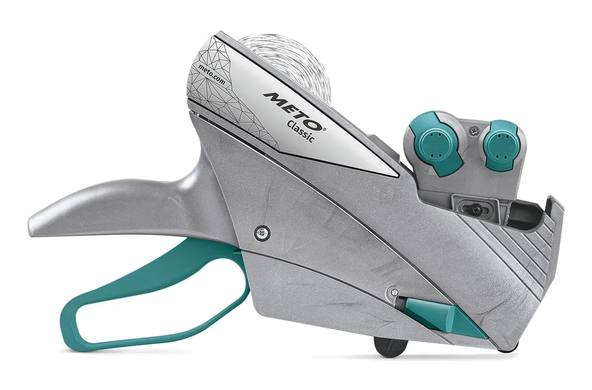 Meto Original Classic XL Giant Preisauszeichner Set – Preis, Rabatt (2-zeilig, 18-stellig für 29 x 28 mm Etiketten, sofort einsatzbereit), 1x Handauszeichner, Silber-Teal