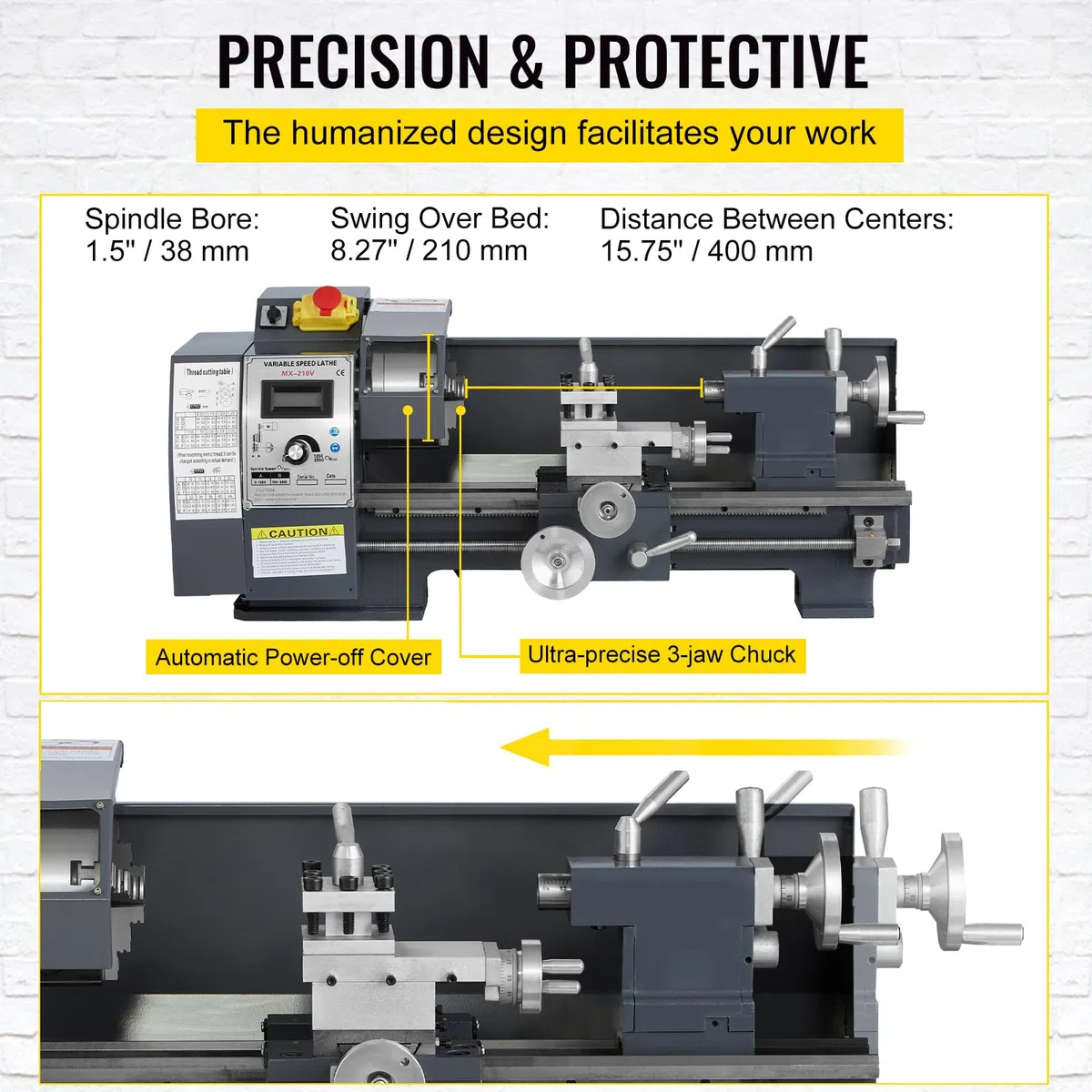 VEVOR 1100 Watt Mini Metall Drehmaschine 8X16 Zoll für Metall Bank Drehmaschine Präzision Paralleldrehmaschine