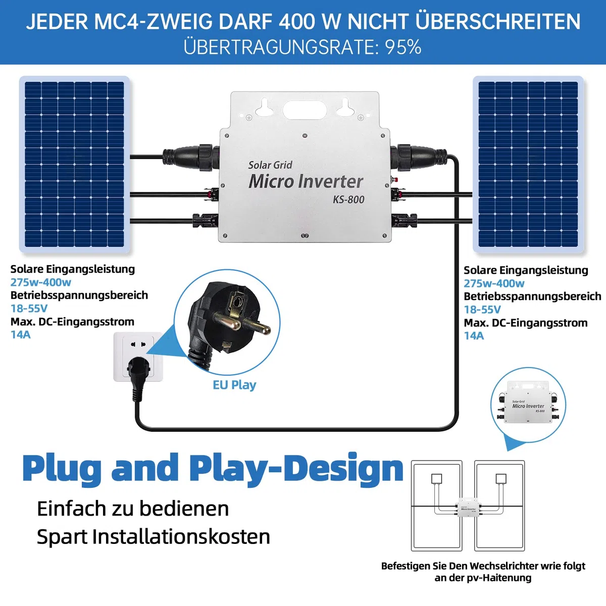 Wechselrichter 800w - Wechselrichter IP65 Wasserdicht - Wechselrichter Solar Mit WLAN APP Für 2 Solarmodule Für Balkonkraftwerk, Wechselrichter Balkonkraftwerk 190-270V AC, Silber