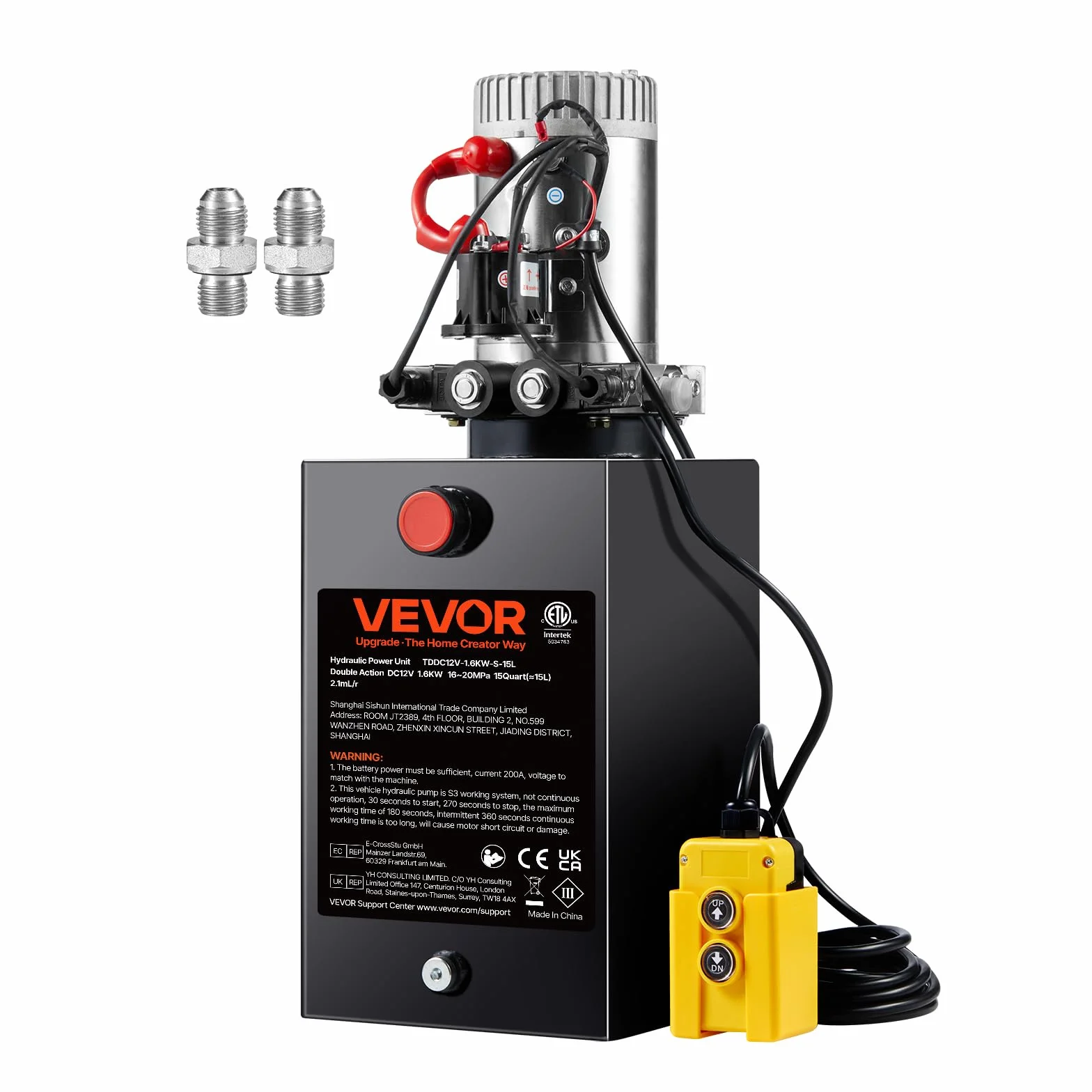 VEVOR Hydraulikpumpe Hydraulikaggregat 12V 14L Hydraulikaggregat 1600 W, Doppelwirkende Hydraulikpumpe Hydraulic Power Pack, 3,75 Gal Tank Hand Pump Hydraulikaggregat, für Aufzüge, Gabelstapler usw.