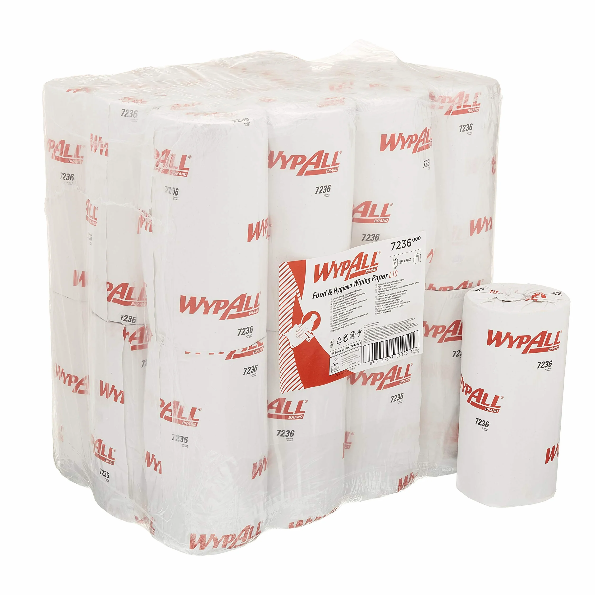 WypAll L10 Papier-Reinigungstücher für Lebensmittel und Hygiene 7236 – 1-lagige kompakte Reinigungstücher – 24 Rollen x 165 Papier-Wischtücher, weiß (insges. 3.960)