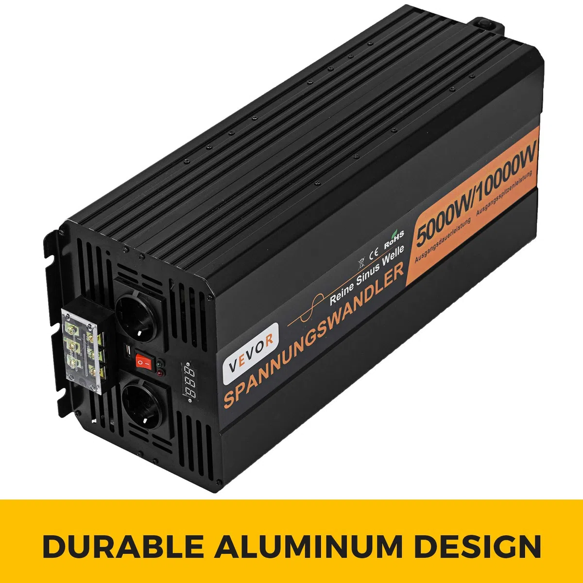 VEVOR 5000W 10000W reiner Sinus Wechselrichter Spannungswandler DC 24V auf 230V AC LCD Display USB Hochgeschwindigkeitskühlventilator Aluminium mit Kabelfernbedienung