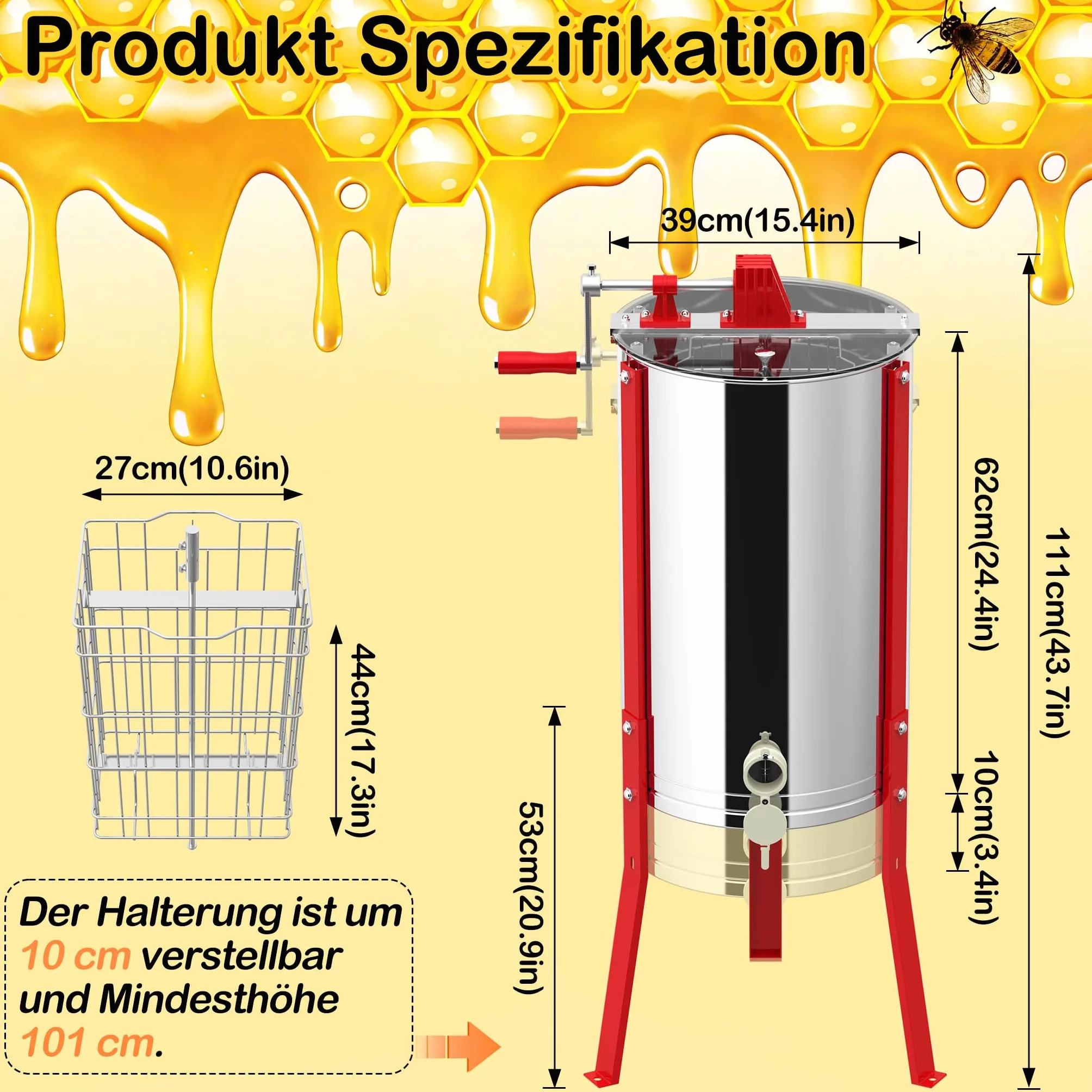 Aufun Manuelle Honigschleuder Waben Tangentialschleuder Edelstahl, Honigextraktor Tangentialschleuder mit Deckel und Verstellbarem Ständer (2 Waben)