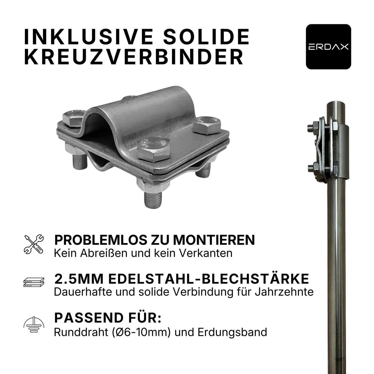Tiefenerder V4A Set 3x 1m - Erdungsstangen 20mm Durchmesser aus Edelstahl + SDS Max Eintreiber + Kreuzerder Klemme - Erdungsstab für Erdungskabel PV Anlage Staberder 1m Erdung Komplettset