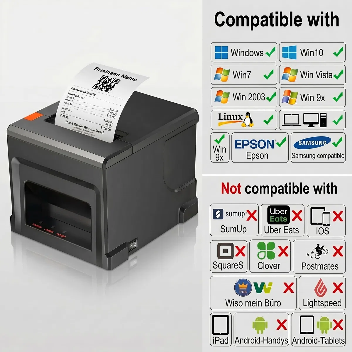 80mm POS Quittungsdrucker mit Auto-Cutter, 300mm/s USB Thermo Bondrucker, für Restaurant & Küche mit Lautsprecher-Signal, ESC/POS kompatibel (Windows/Mac/Linux)