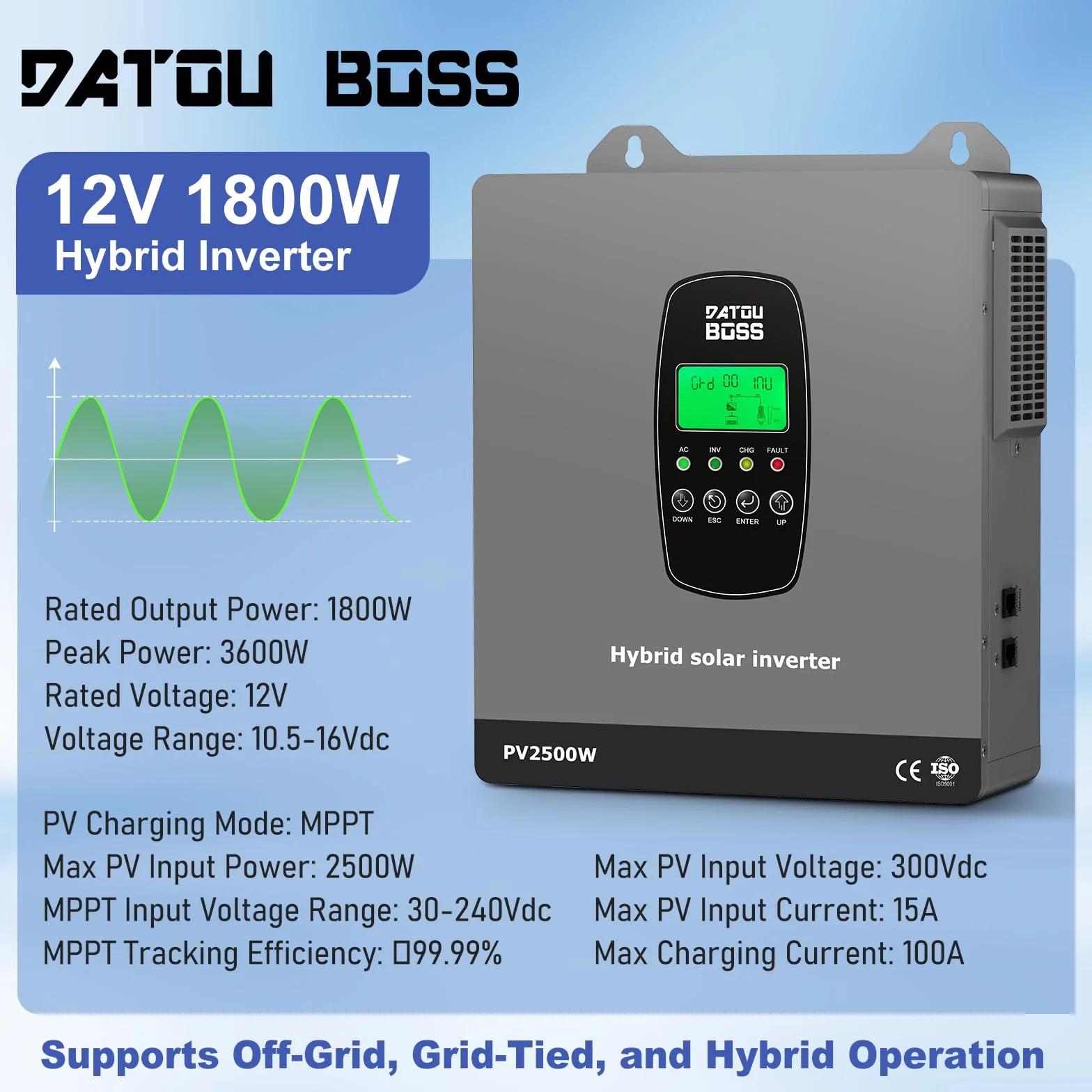 DATOUBOSS 1800W Solar Hybrid Wechselrichter 12V Reiner Sinus Wechselrichter mit 100A MPPT Solarladeregler,2500W PV Eingang,Unterstützt Batterielosen Betrieb,BMS-Schutzsystem.