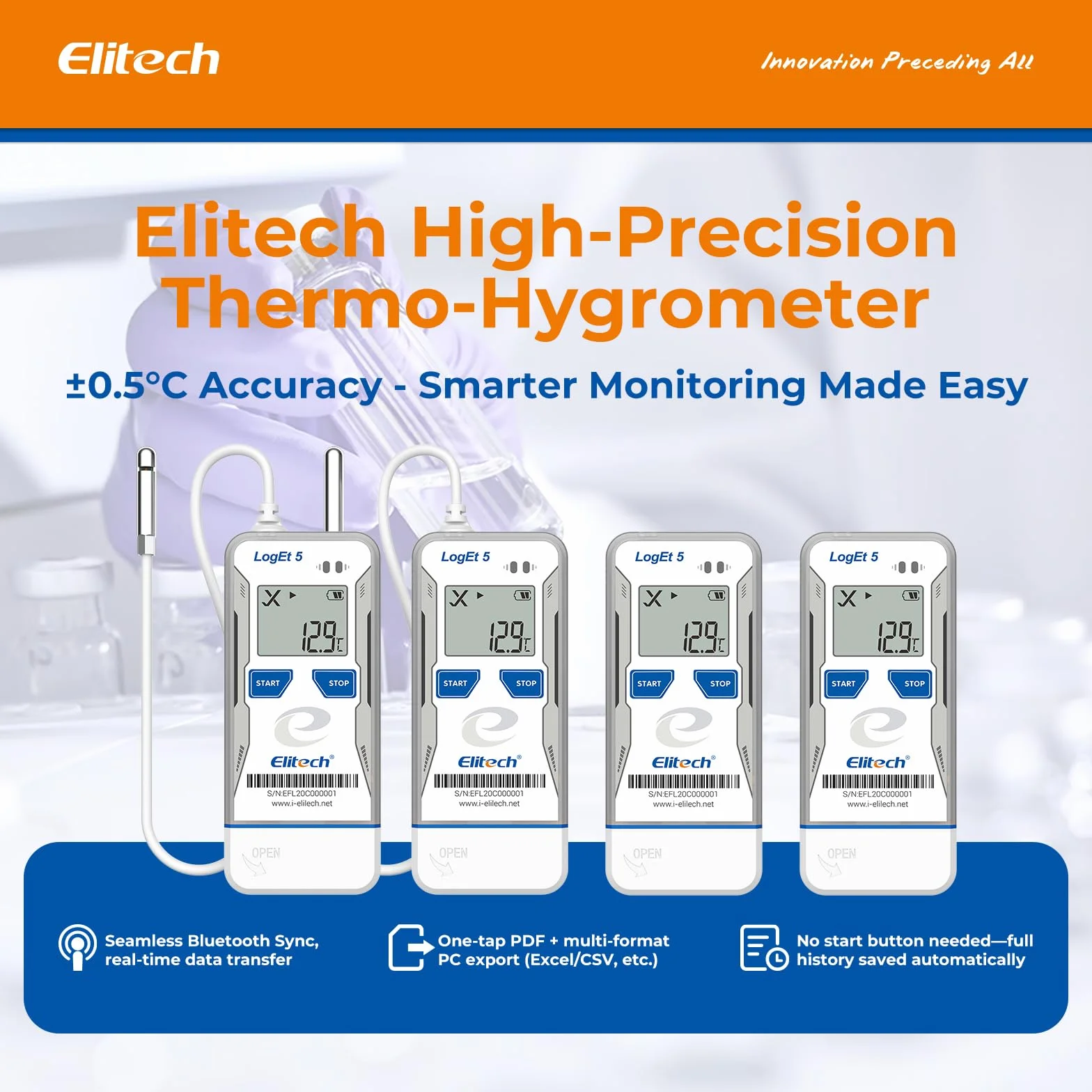 Elitech Bluetooth Temperatur Datenlogger, USB Feuchtigkeitslogger -30°C bis 70°C, Auto-PDF/CSV-Berichte, Windows/macOS