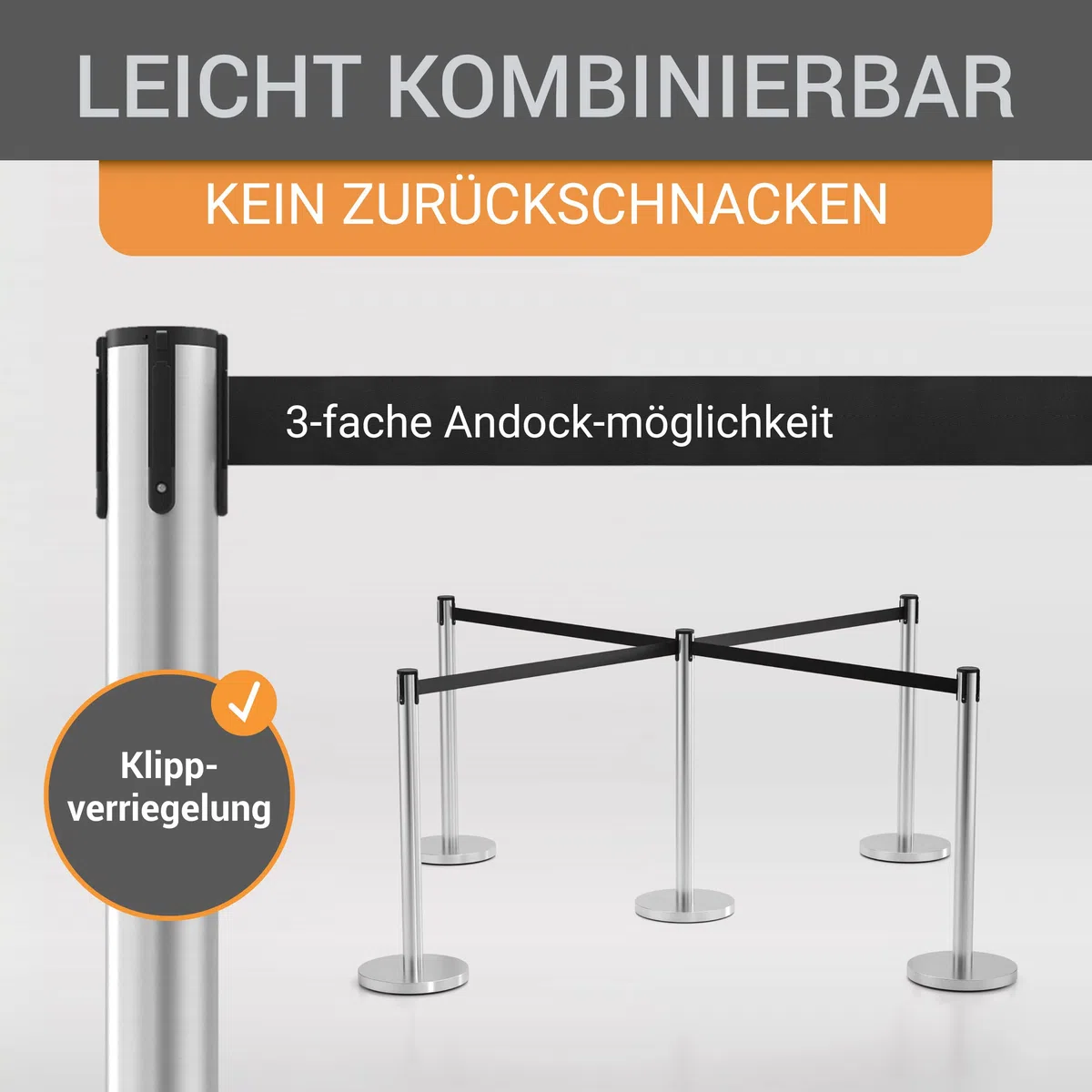 Gurtpfosten Edelstahl gebürstet - 4er Set - Pfostenhöhe: 98,0 cm, Gurtlänge: 3,0 m, Gurtbandbreite: 4,8 cm - Gurtfarbe: schwarz