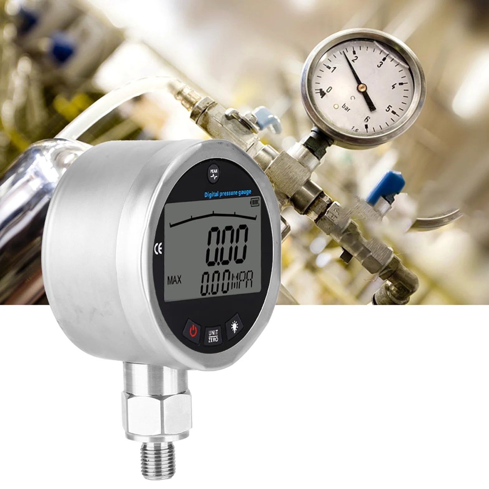 Digital Hydraulik Manometer, Edelstahl Hydraulisches Druckmessgerät, 0-400BAR, 0-40Mpa,0-10000PSI Wasserdruckmesser, Hydraulischer Messgerät mit Beleuchtetem LCD, für Wasser, Gas, Öl Tester