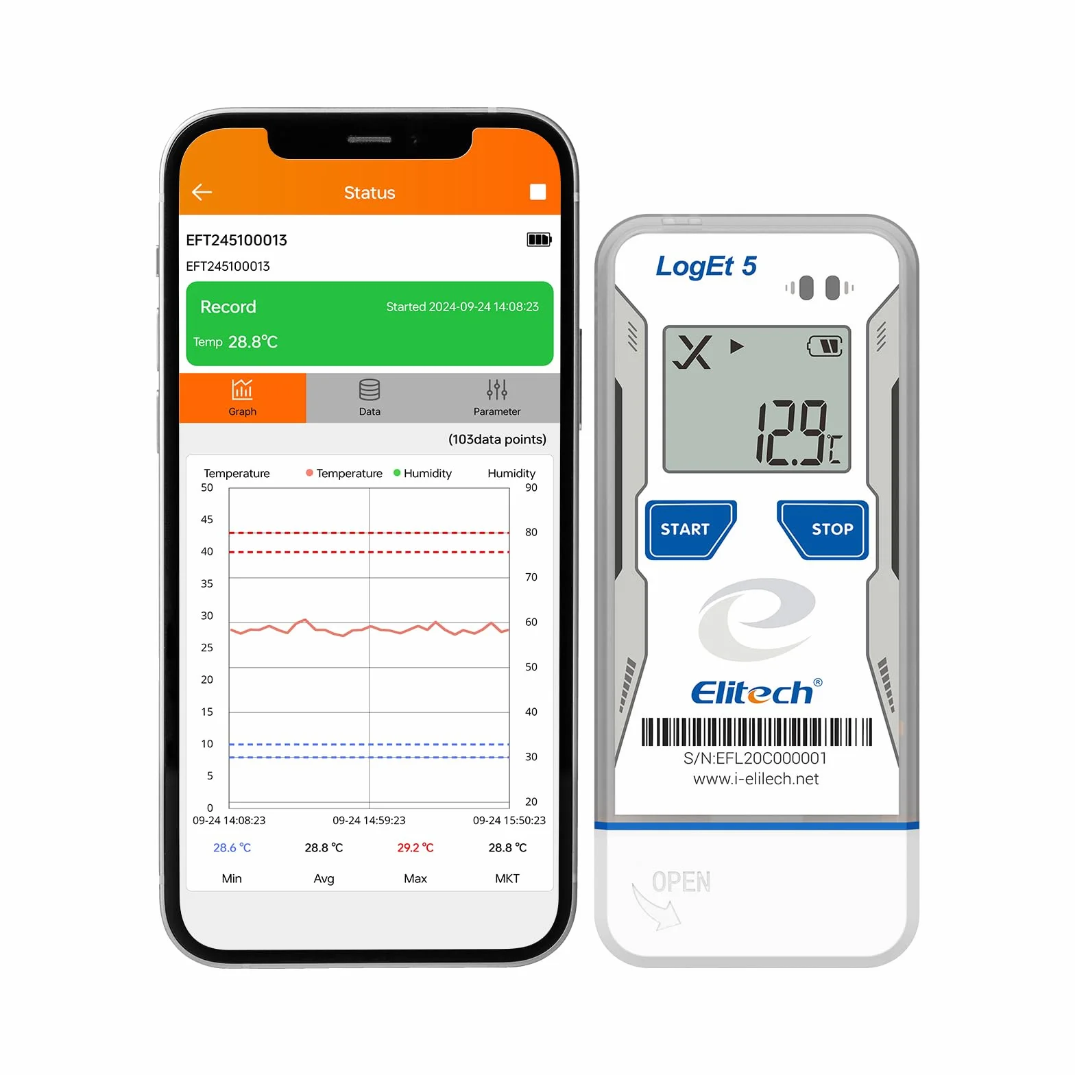 Elitech Bluetooth Temperatur Datenlogger, USB Feuchtigkeitslogger -30°C bis 70°C, Auto-PDF/CSV-Berichte, Windows/macOS