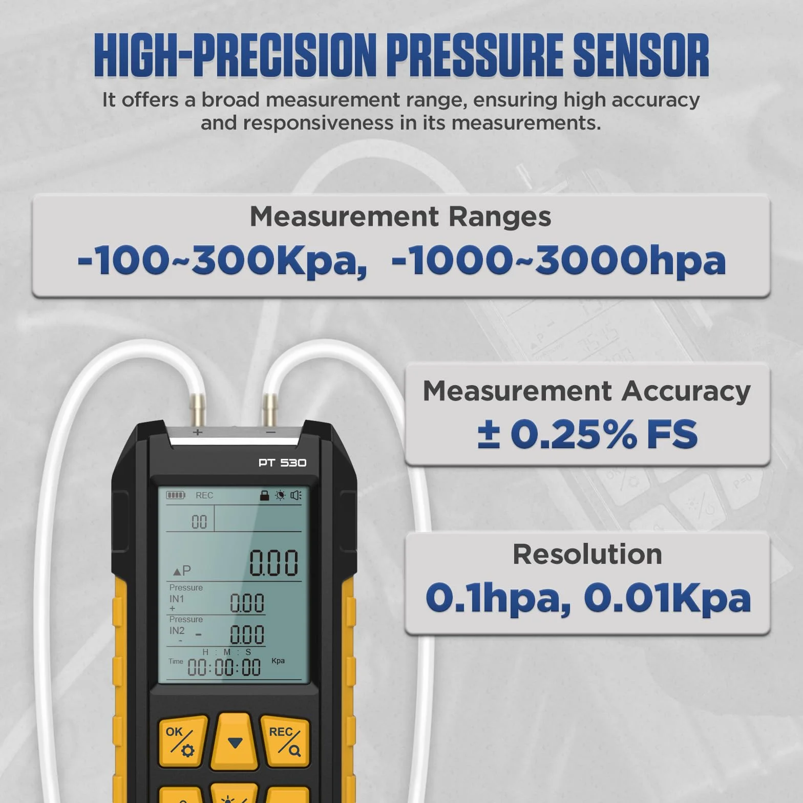 PT530 Manometer-Gasdruckprüfer -100 bis 300 Kpa Digitales Dual-Port-Feldmanometer HVAC 10 Einheiten 7 Adapter, Datensperre und -speicherung Display mit Hintergrundbeleuchtung