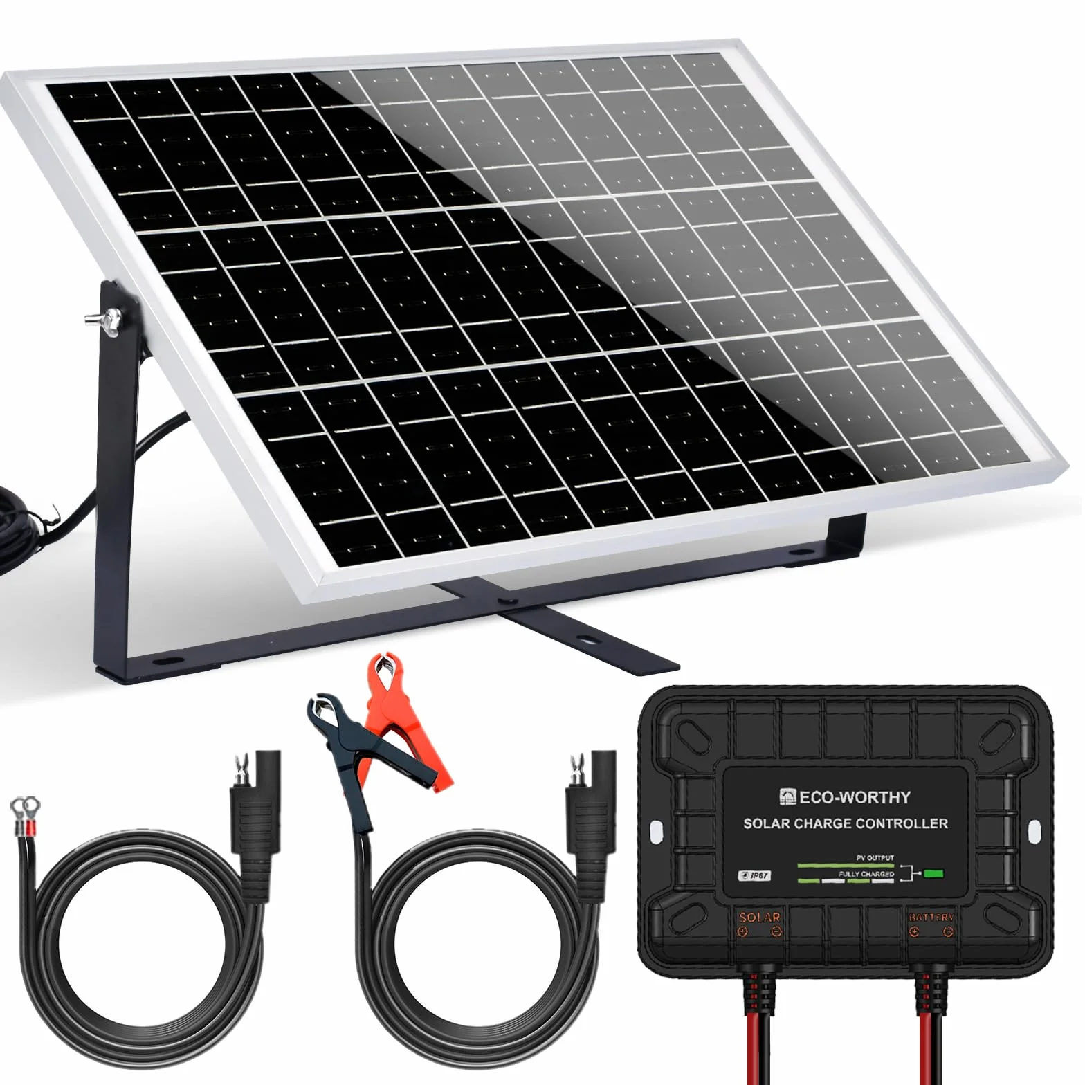 ECO-WORTHY 25W 12V Solar Batterieladegerät, 25W wasserdichtes Solarpanel Kit + verstellbare Halterung + verbesserter Laderegler, geeignet für 12V Batterie in Auto, Wohnmobil, Marine Boot, Motorräd