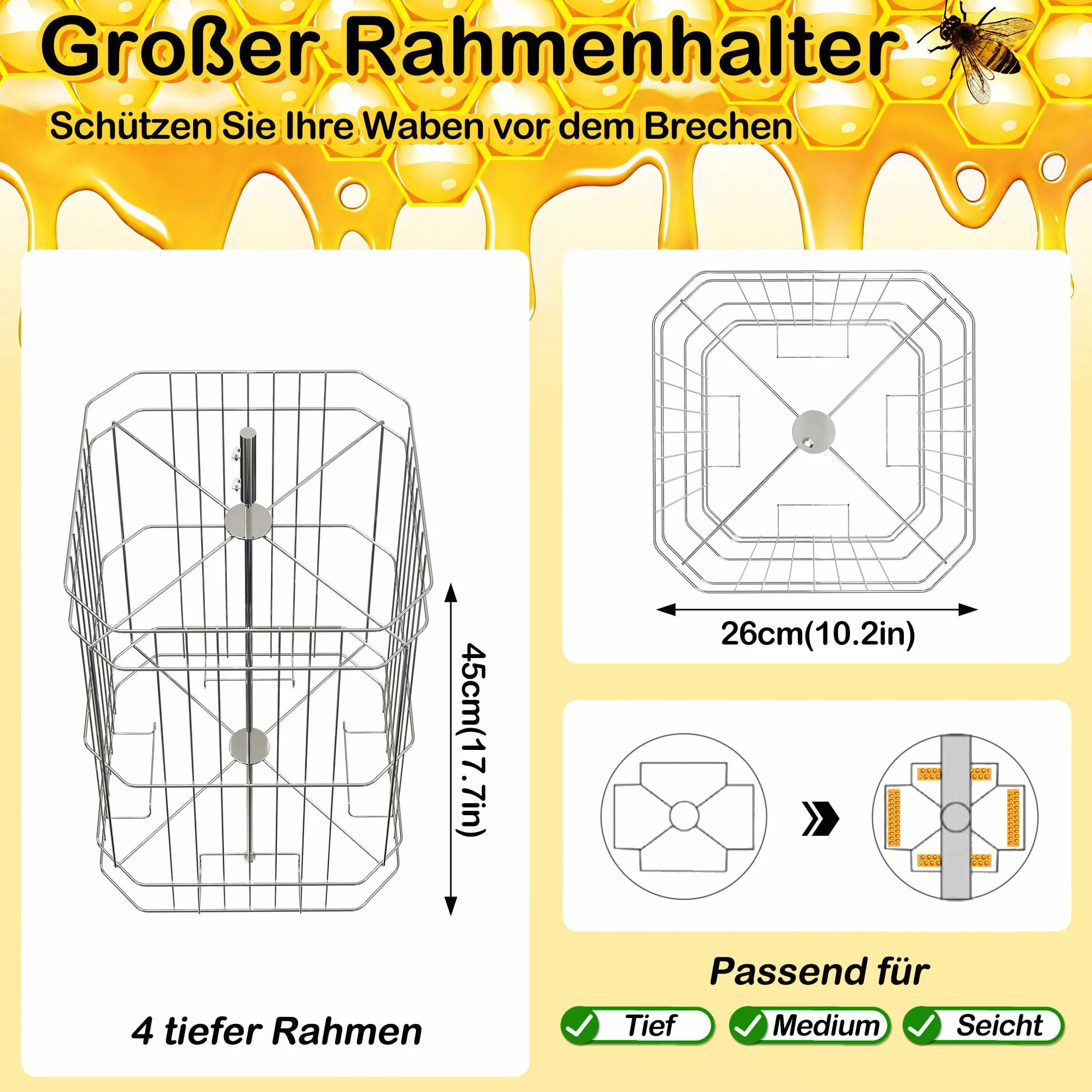 ACXIN Honigschleuder Edelstahl Manuell Honigextraktor für Hobby- und Profi-Imker Verstellbare Beine 15-20kg Kapazität Bienenzüchter Zubehör Schleuder Honig mit Deckel und Handkurbel (Ø 48cm - 4 Waben)