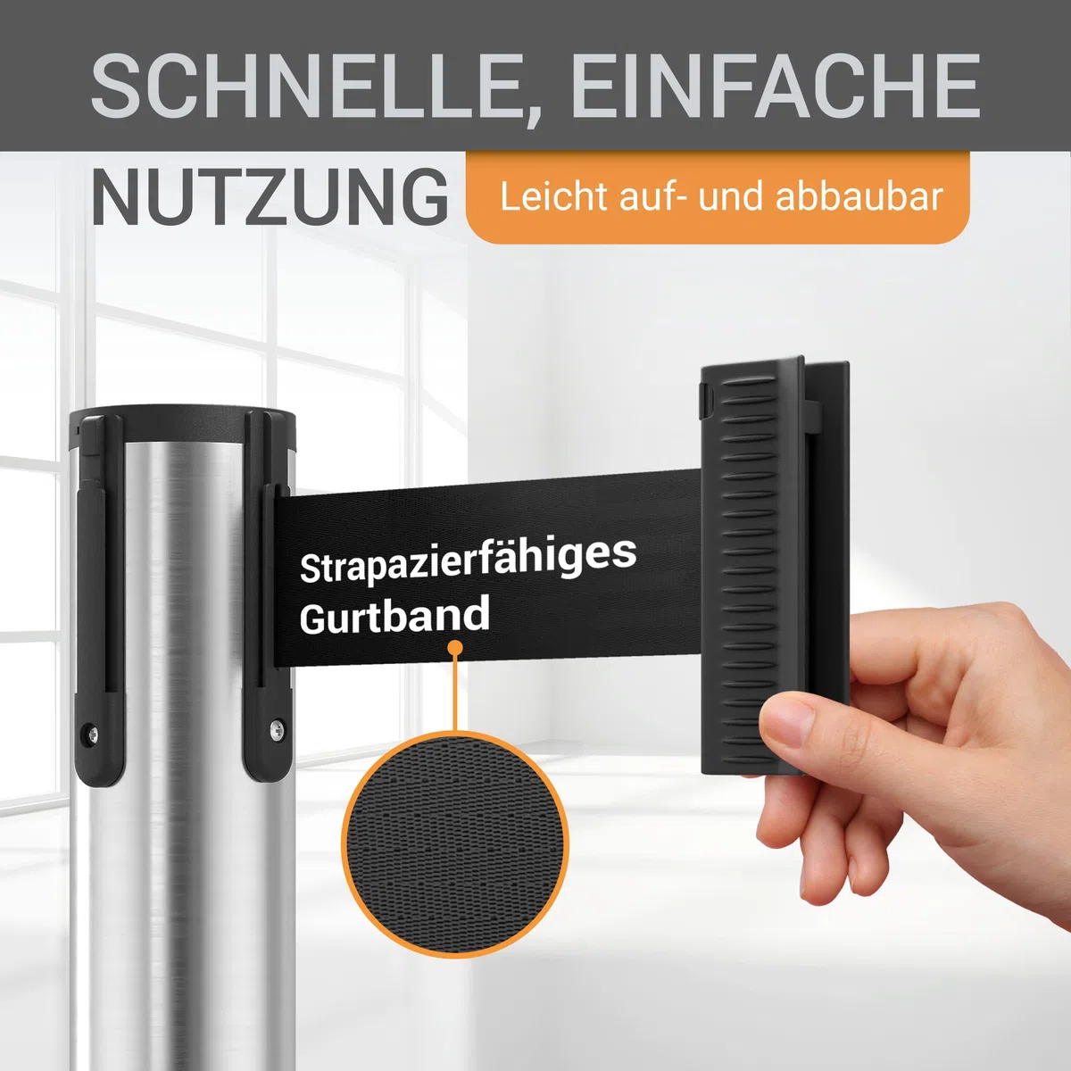 Gurtpfosten Edelstahl gebürstet - 4er Set - Pfostenhöhe: 98,0 cm, Gurtlänge: 3,0 m, Gurtbandbreite: 4,8 cm - Gurtfarbe: schwarz