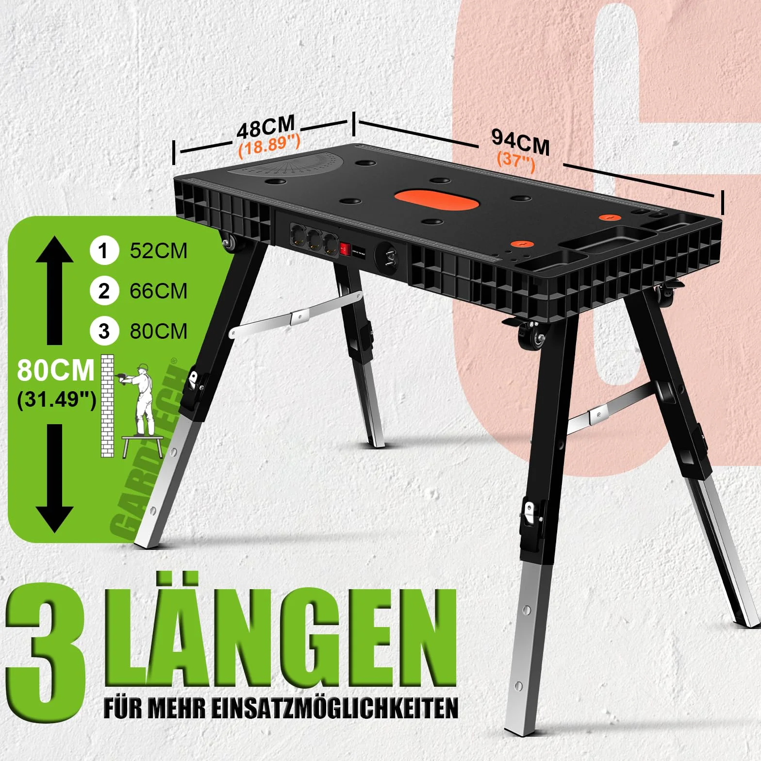 GARDTECH Klappwerkbank 5-in-1, werkbank klappbar & höhenverstellbar, als Werkbank und Arbeitstisch, 150 kg Tragkraft, große Arbeitsfläche mit Winkelangaben, EU-Steckdose, für Werkstatt, Garage & DIY