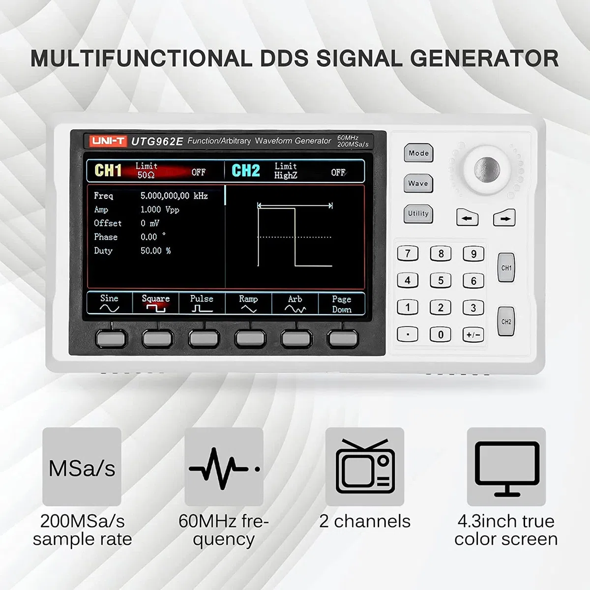 UNI-T UTG962E Signalgenerator, DDS 60MHz Function Arbitrary Waveform Generator mit 4,3 Zoll TFT LCD, 200MSa/s 2-Kanal Frequenzmesser (110-240V EU Plug) Shop in Deutschland, 3 Jahre Garantie !