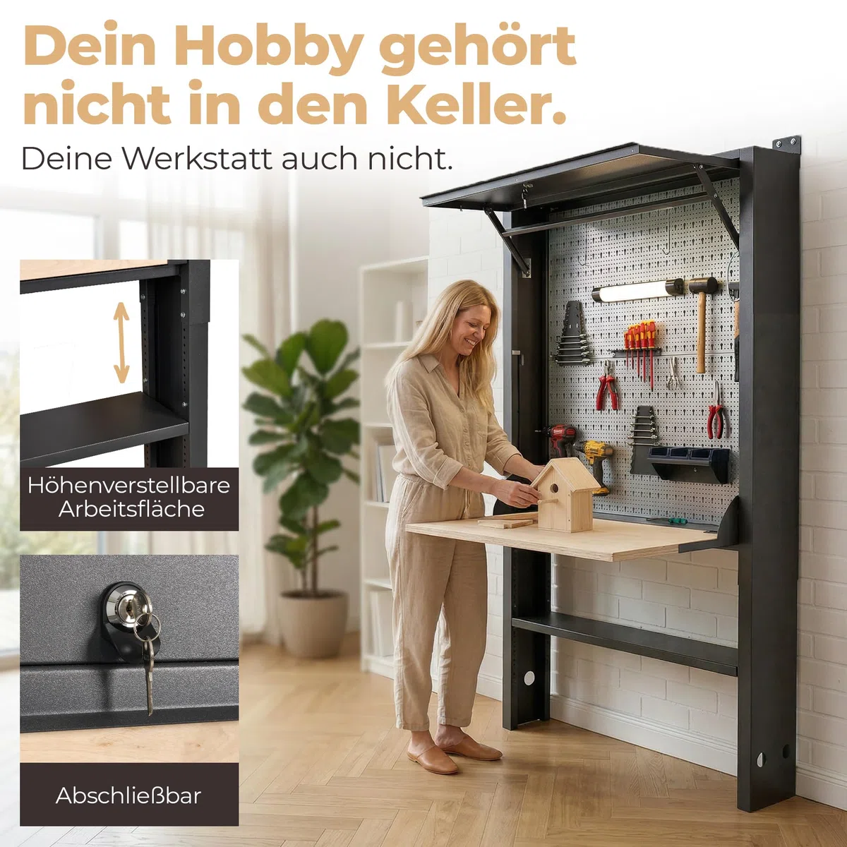 Werkbank für Werkstatt [abschließbar] 75kg Tragkraft, kompakter Arbeitstisch klappbar & höhenverstellbar, LED-Licht & Steckdosenleiste | Stahl-Werkzeugbank für smarte Werkstatteinrichtung
