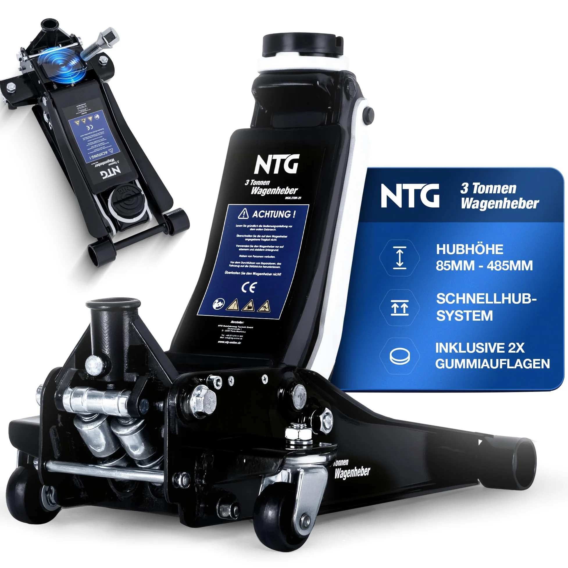 NTG HYDRAULISCHER WAGENHEBER 3T – Wagenheber Hydraulisch mit Doppelkolben & Schnellhub, 85–485 mm Hubhöhe – Rangierwagenheber inkl. 2 Gummiauflagen für PKW & SUV