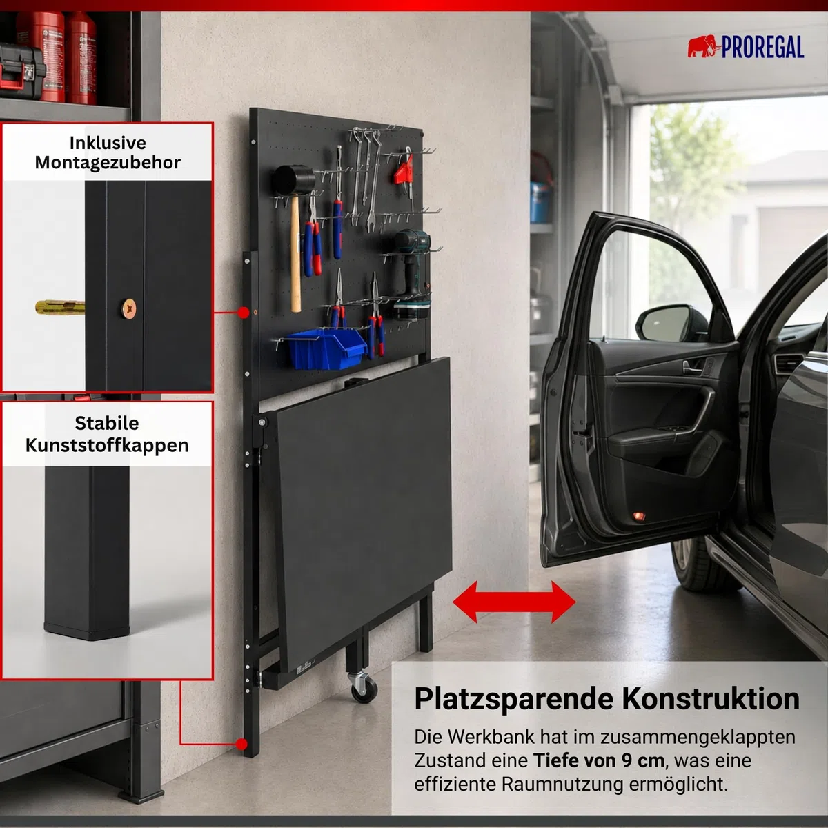 PROREGAL Werkbank klappbar für Wandmontage Titan mit Werkzeug Lochwand für Werkstatt 144x115x63cm Fachlast 55kg inkl. 30-teiligem Hakenset Schwarz Werktisch für Enge Räume mit Lochplatte Werkzeugwand