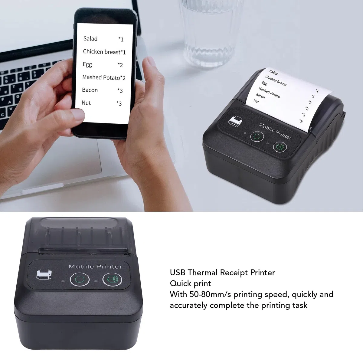 Annadue Bluetooth -Quittung Thermischer Drucker für Kleinunternehmen, 203DPI -Auflösung 50 Bis 80 Mm S -Druckgeschwindigkeit, 58 Mm POS -Quittungsdrucker für Bewerterungsgeschäfte der