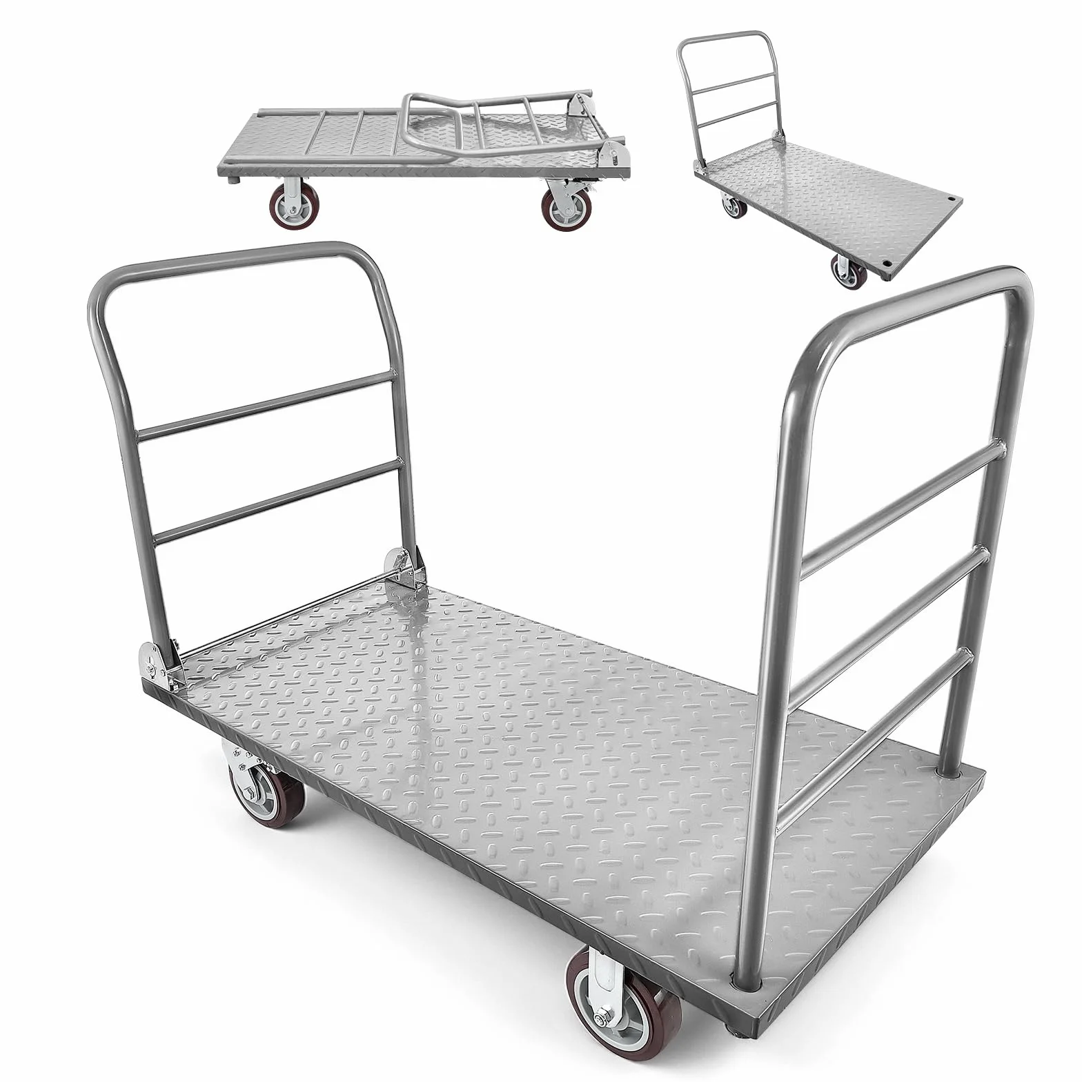 VEVOR Plattformwagen Klappbar 1202 kg, Schwerlast-Transportwagen mit abnehmbarem Geländer & Schwenkrädern, Industriewagen, für Supermärkte, Garagen & Lagerhallen, 1220x610x920 mm Rollwagen