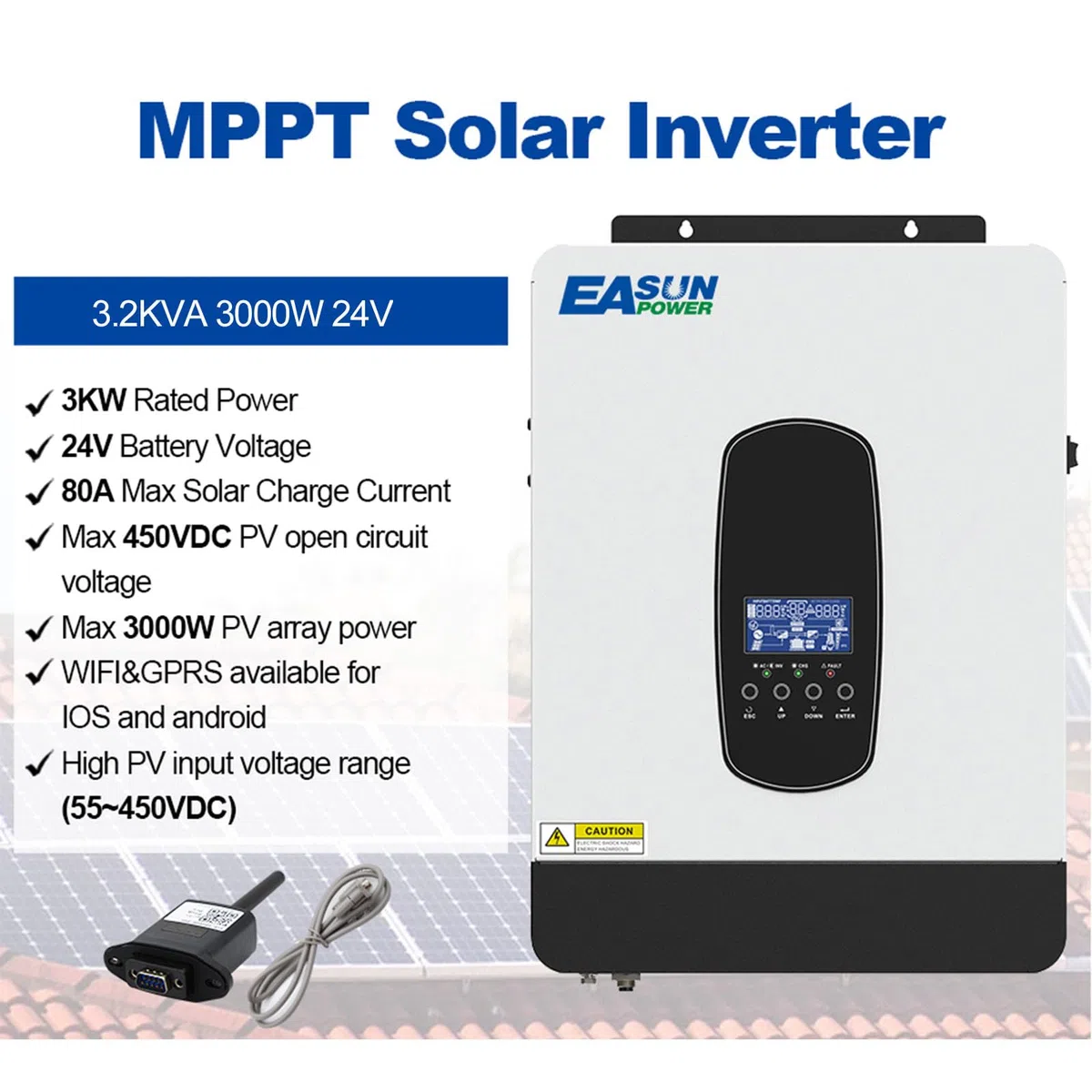 POWLAND 3.2KVA 3000W Hybrid wechselrichter 24V, netzunabhängiger Reiner Sinus-Wechselrichter, PV-Eingang 55-430VDC, mit 80A MPPT Solarladeregler, für 24V Blei- und Lithium-Batterien