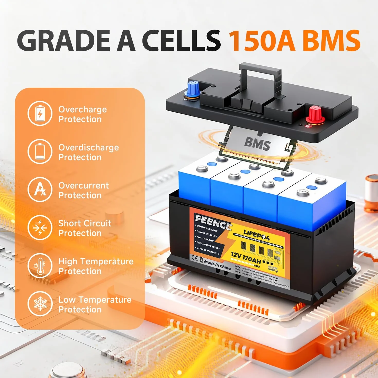 LiFePO4 170Ah Bluetooth, Lithium batterie 12V 170ah mit BMS Low Temperature Schutz und Max. 15000 Zyklens,2176Wh Autobatterie für Wohnmobil,Boot,Solarpanel
