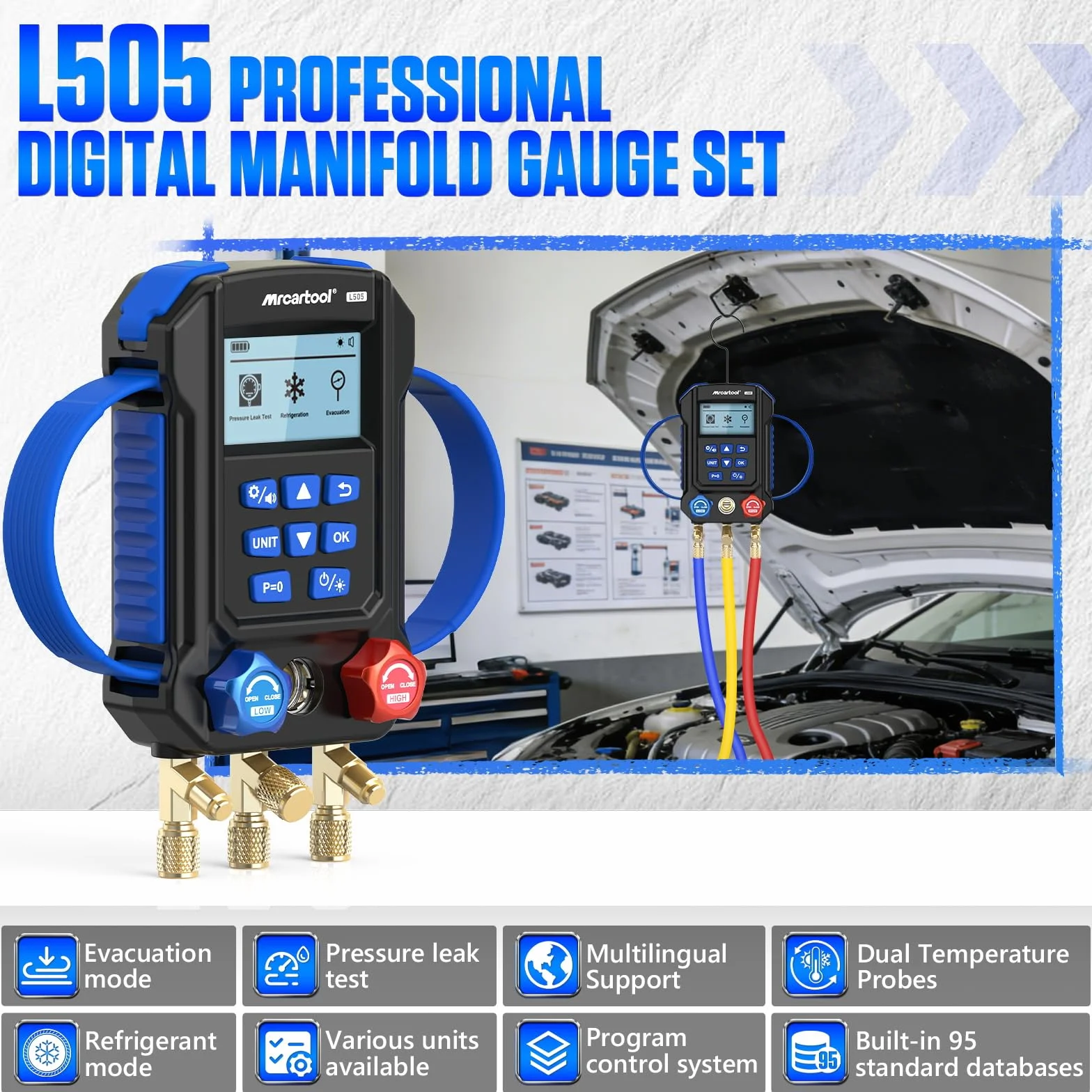MRCARTOOL Digitales Manifold-Messgerät L505 für 95 Kältemittel R410A R1234yf R22 R32,Hochpräzise Evakuierung,Druck-,Temperaturprüfung,Kältemittelbefüllung und Lecktest für Klimaanlagen