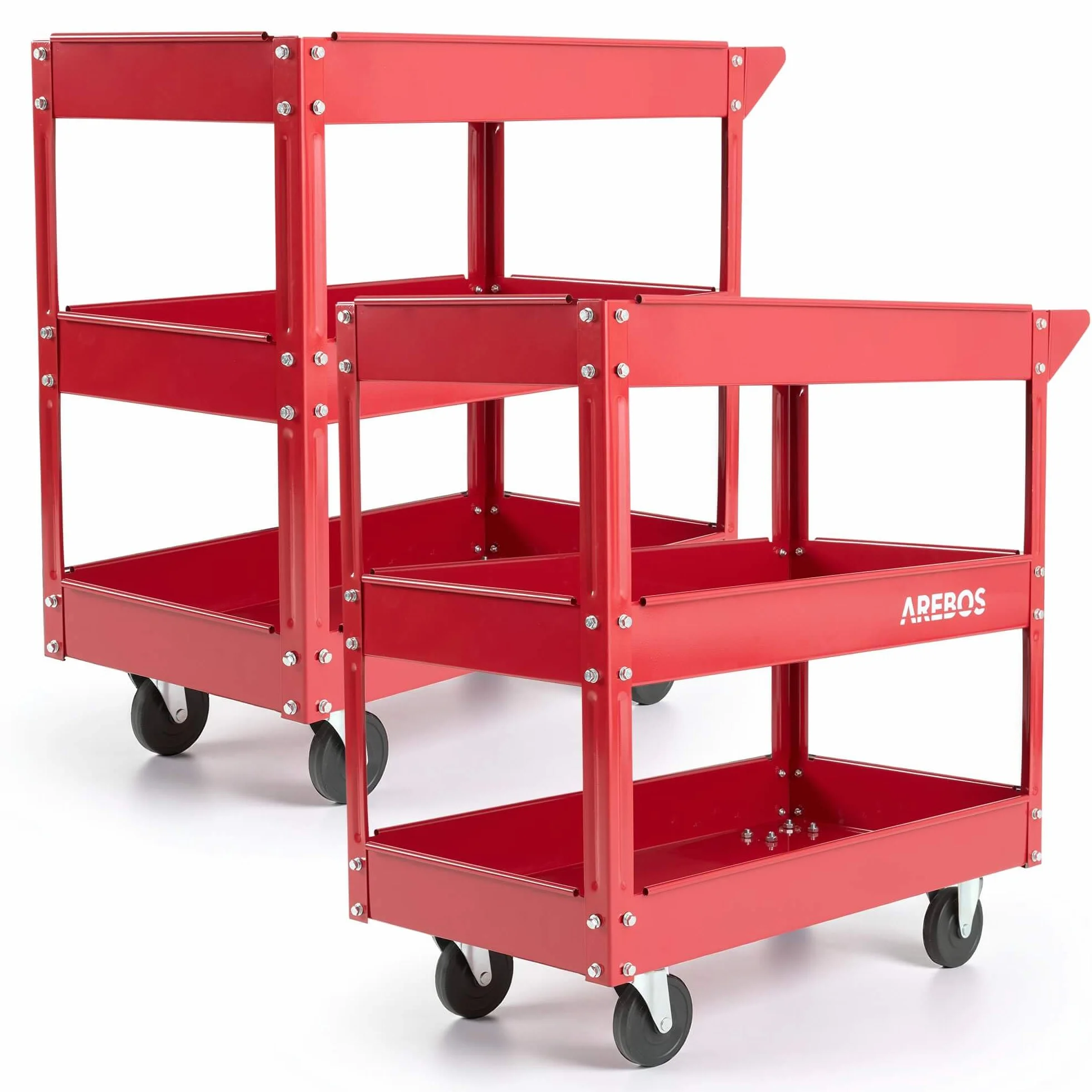 Arebos Werkstatt-Rollwagen | Montagewagen mit 3 Ablagefächern | bis 120 kg belastbar | robuster Werkzeugwagen aus Stahl | Mobile Transporthilfe | für Werkstatt, Garage & Hobbyraum | 2er Set