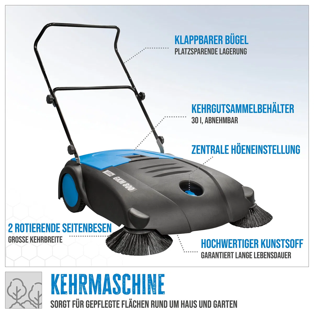 Güde Kehrmaschine GKM 800 (Kehrbreite 800 mm, Flächenleistung 3200 m²/h, abnehmbarer Schmutzbehälter 30 l, manueller Antrieb, Lenkrolle, klappbarer Fahrbügel)