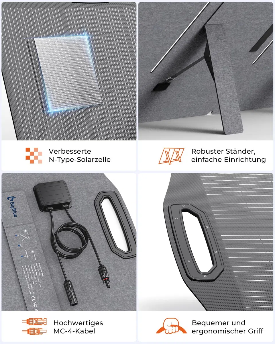 [N-Type Solarzelle] BigBlue 200W Solarpanel ETFE, Faltbares Solarmodul mit 5 Anschlussart für Tragbare Powerstation und Batterie, IP68 Solarladegerät für Camping Garten Balkon Wohnwagen