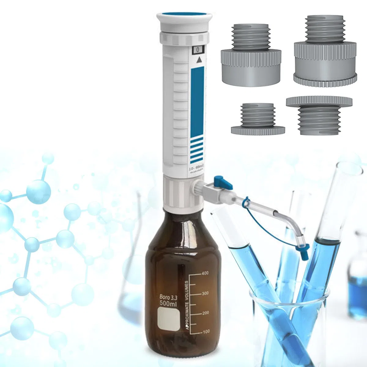 Laborspender (0.4-60 ML), Flaschenaufsatz-FlüSsigkeitsspender, HüLsen-Dosierflasche, Mit Doppeltem Sicherheitsventil/Digitalfenster, FüR Wissenschaftliche Forschung,2-10ML