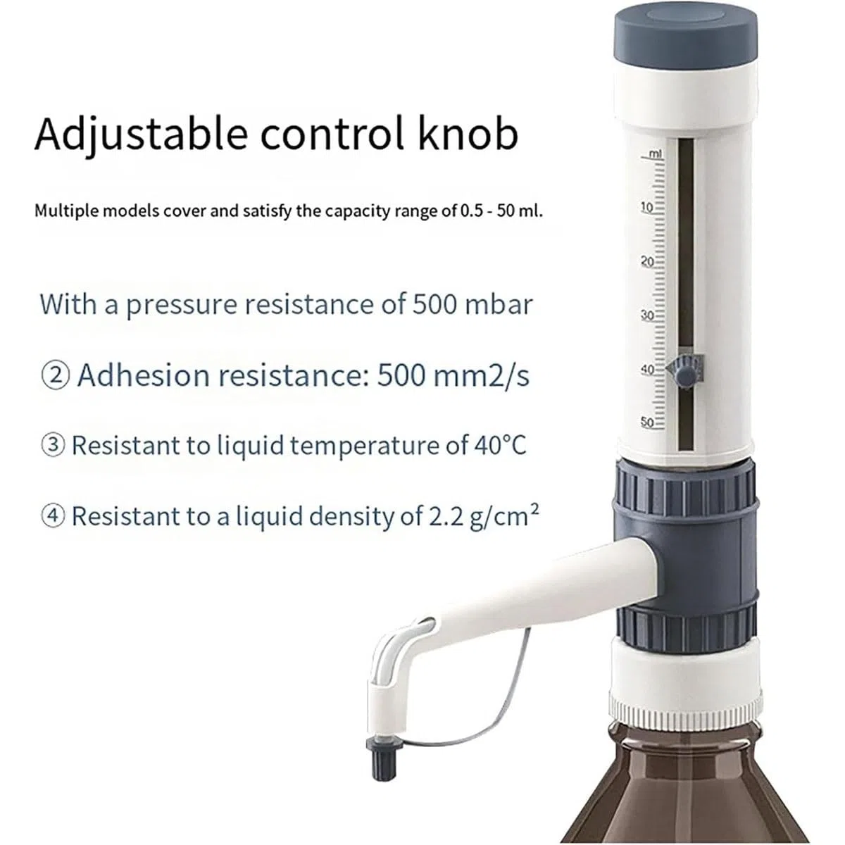Flaschenaufsatz-Dosiergerät for Labore, Dosiergerät for Flüssigkeiten mit 5 Flaschenadaptern in verschiedenen Größen, max. Druckbeständigkeit 500 mbar(2.5-25ml)