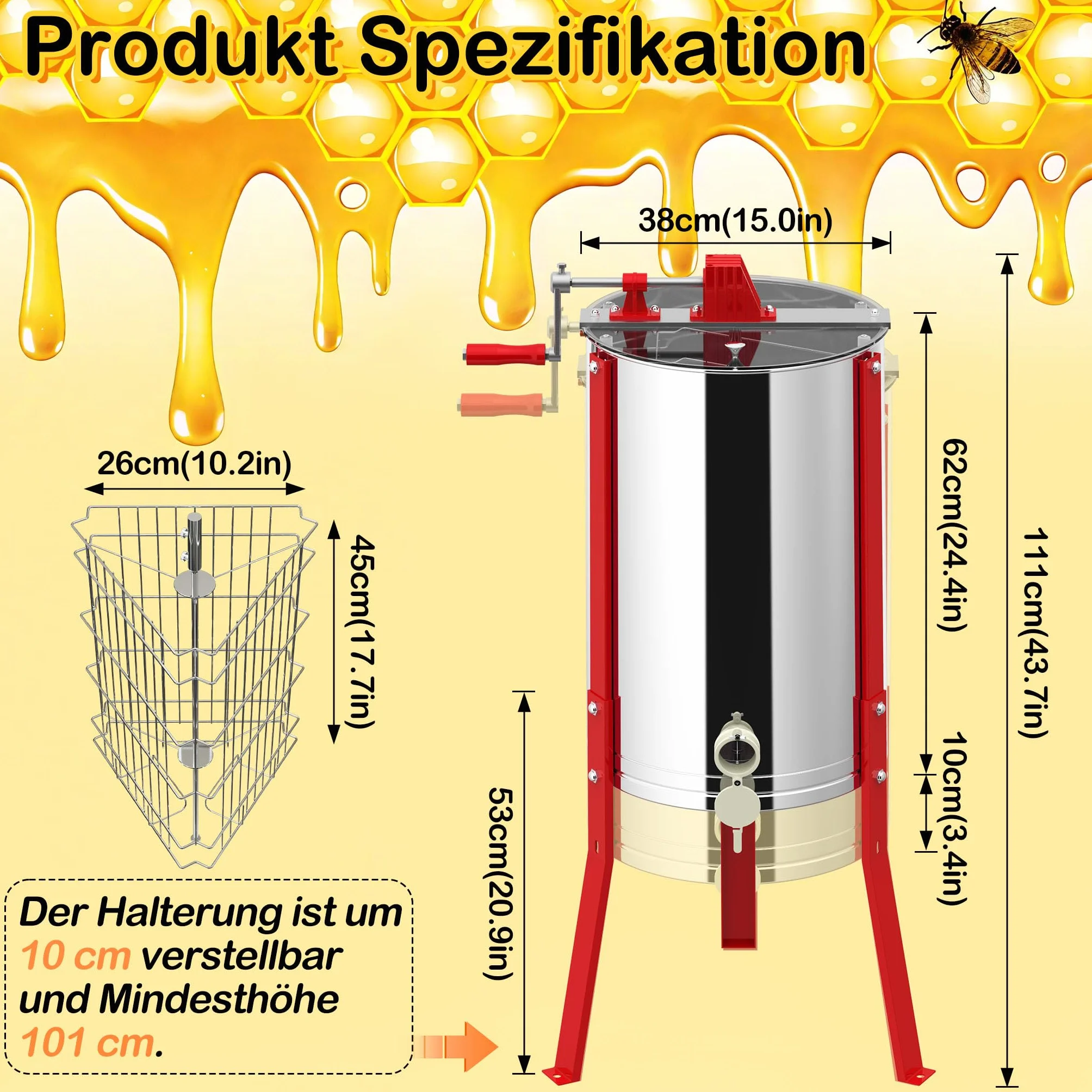 UISEBRT Manuelle Honigschleuder aus Edelstahl 3 Waben | Honigextraktor Tangentialschleuder mit Deckel und Verstellbarem Ständer 101-111cm | Handbetriebene Honigpresse für Imker | Ø 38cm