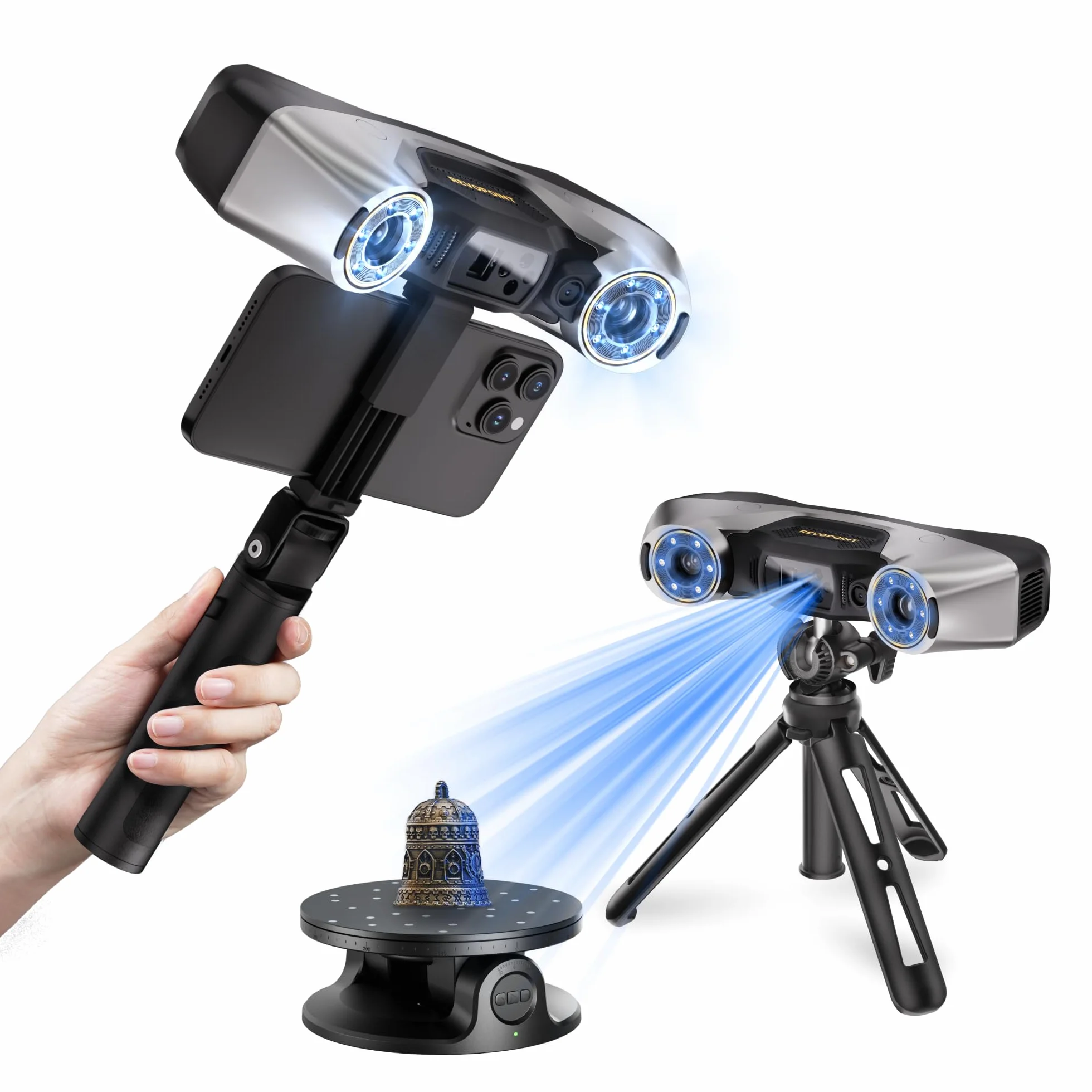 Revopoint MetroY Pro 3D-Scanner für 3D-Druck, 5 Scanmodi, bis zu 0,01 mm Präzision, 34+15+1 industrieller Blaulaser-Handscanner, 62-Linien-Vollfeld, Echtzeit-Vorschau, Wi-Fi 6, Vollfarbe