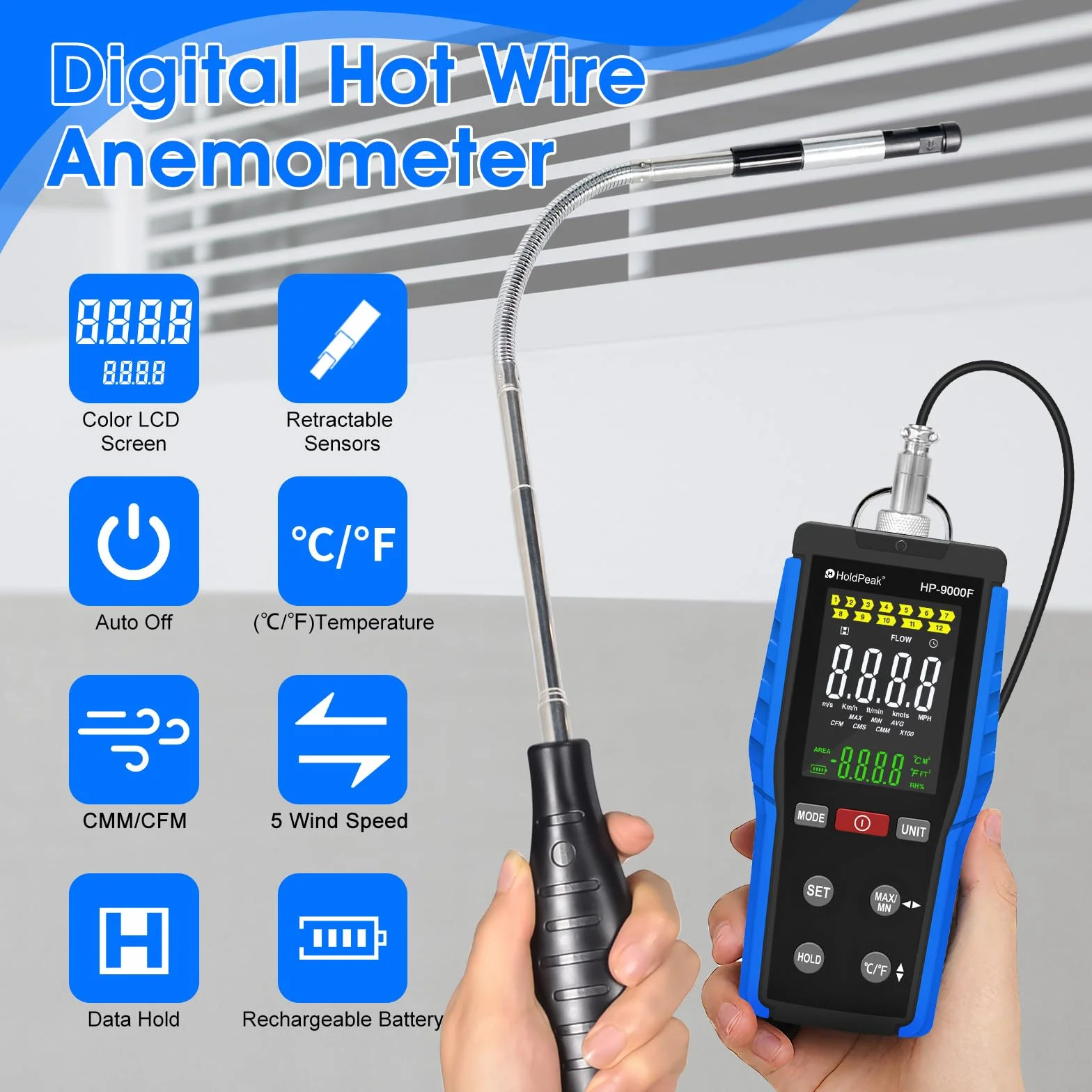HOLDPEAK Digitales Anemometer mit einziehbarem Hotline-Sensor, Windgeschwindigkeitsmesser für Messung von Luftströmungsgeschwindigkeit und Temperatur, automatische Abschaltung, für Segeln, HLK