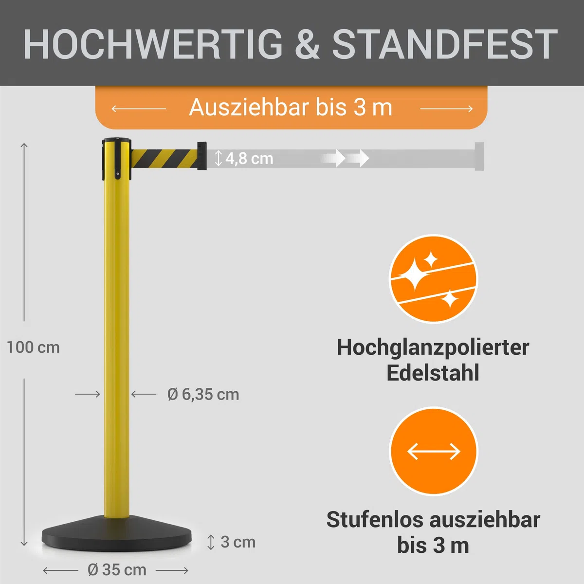 Absperrpfosten Set - 4-teilig - 100 cm hoch, 3 m Gurtlänge, Metallgelb mit ausziehbarem Gurtband schwarz/gelb - Absperrsystem für Personenführung
