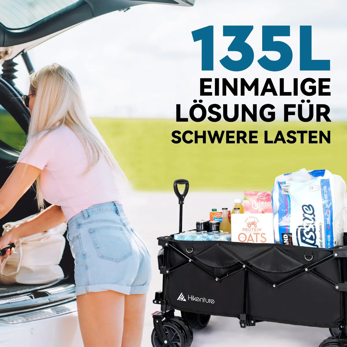 HIKENTURE Bollerwagen Faltbar 135L Faltbarer Bollerwagen - Klappbarer Handwagen für Strand Camping Einkaufen - Faltbollerwagen Handwagen