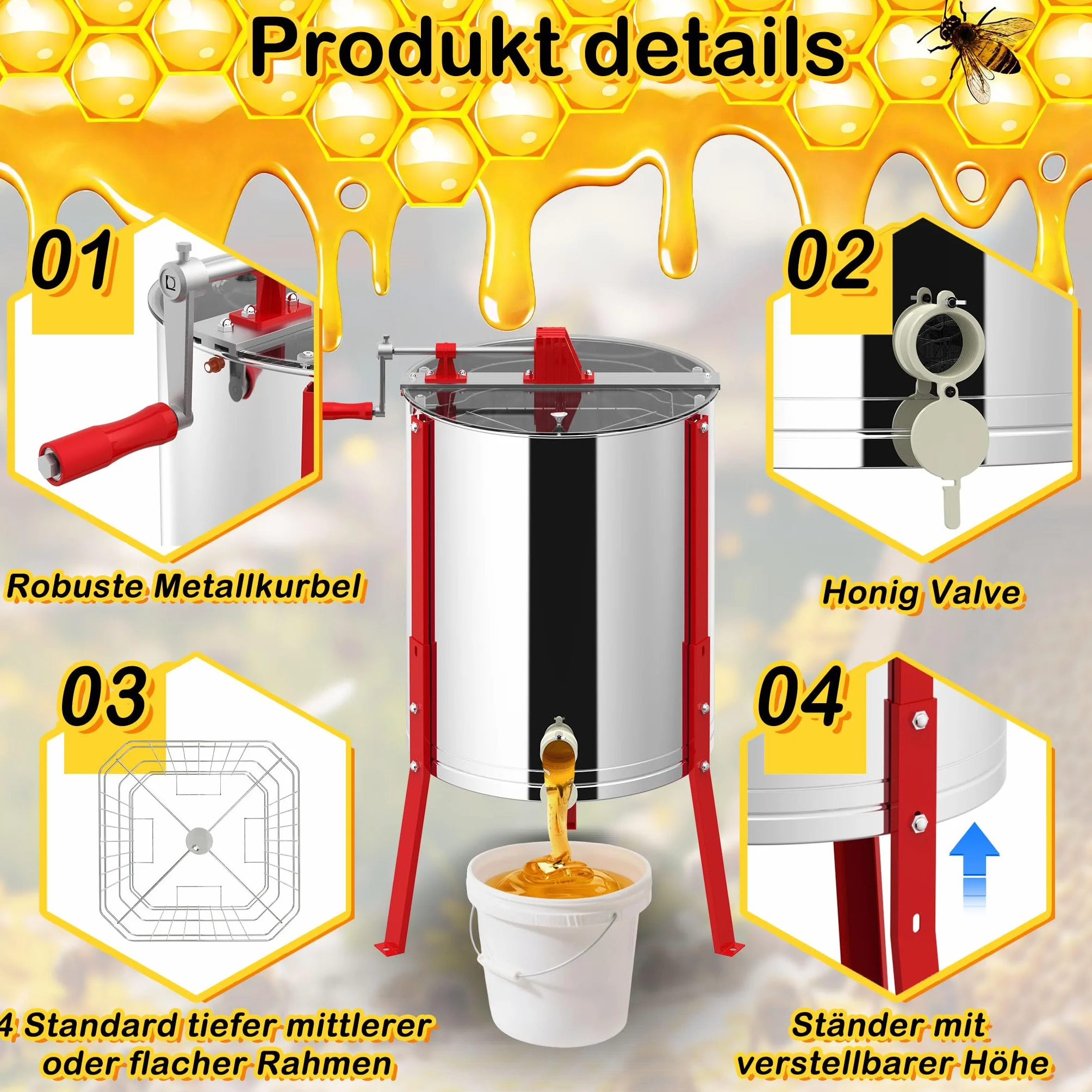 ACXIN Honigschleuder Edelstahl Manuell Honigextraktor für Hobby- und Profi-Imker Verstellbare Beine 15-20kg Kapazität Bienenzüchter Zubehör Schleuder Honig mit Deckel und Handkurbel (Ø 48cm - 4 Waben)