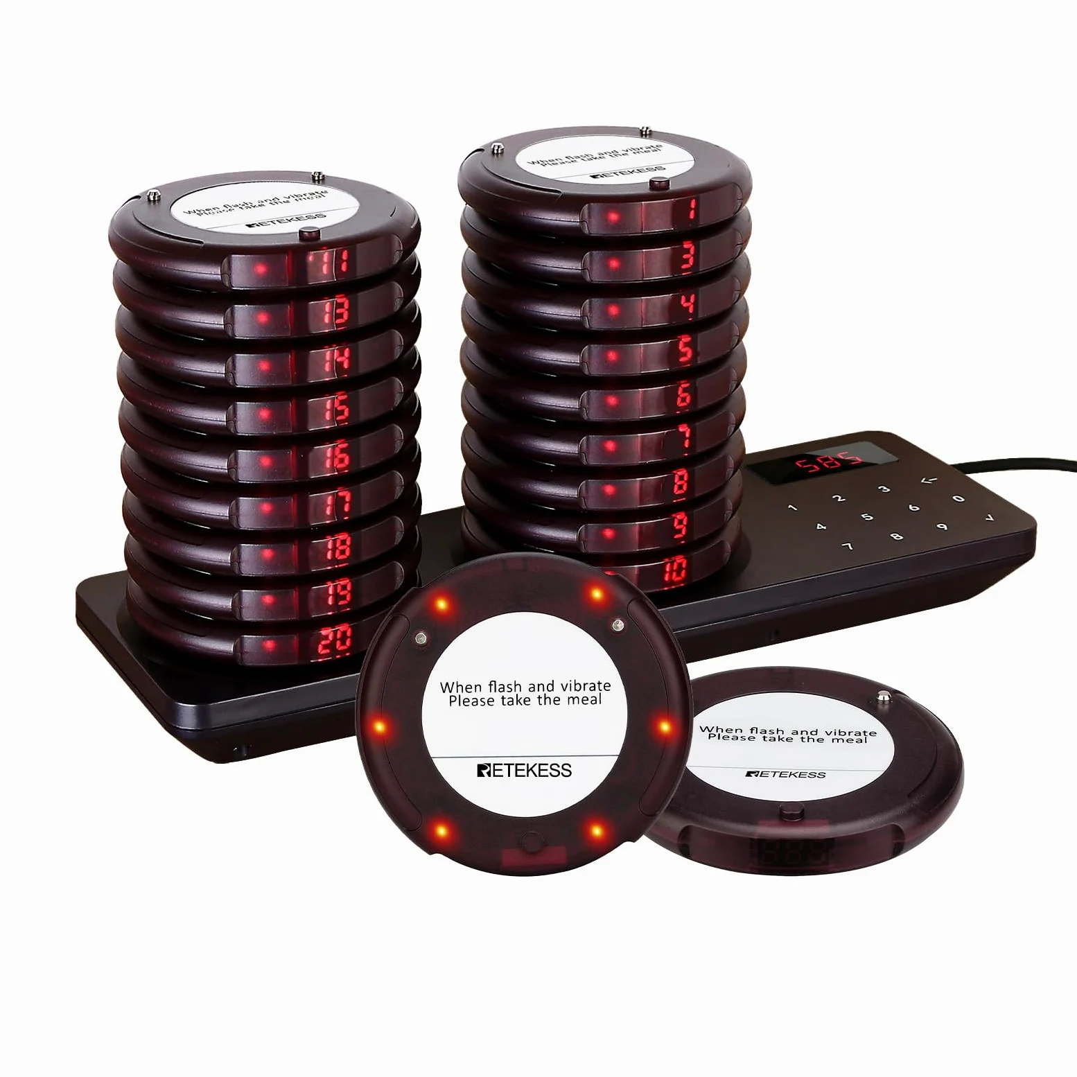 Retekess TD163 Pager Rufsystem, Restaurant Pager, 20 Pagers (Rotbraun) | für Restaurant, Café, Bar, Maximale Rufreichweite 500M, Plug and Play, 31 Rufmod, 300mAh 20H, Warnung bei niedrigem Akkustand