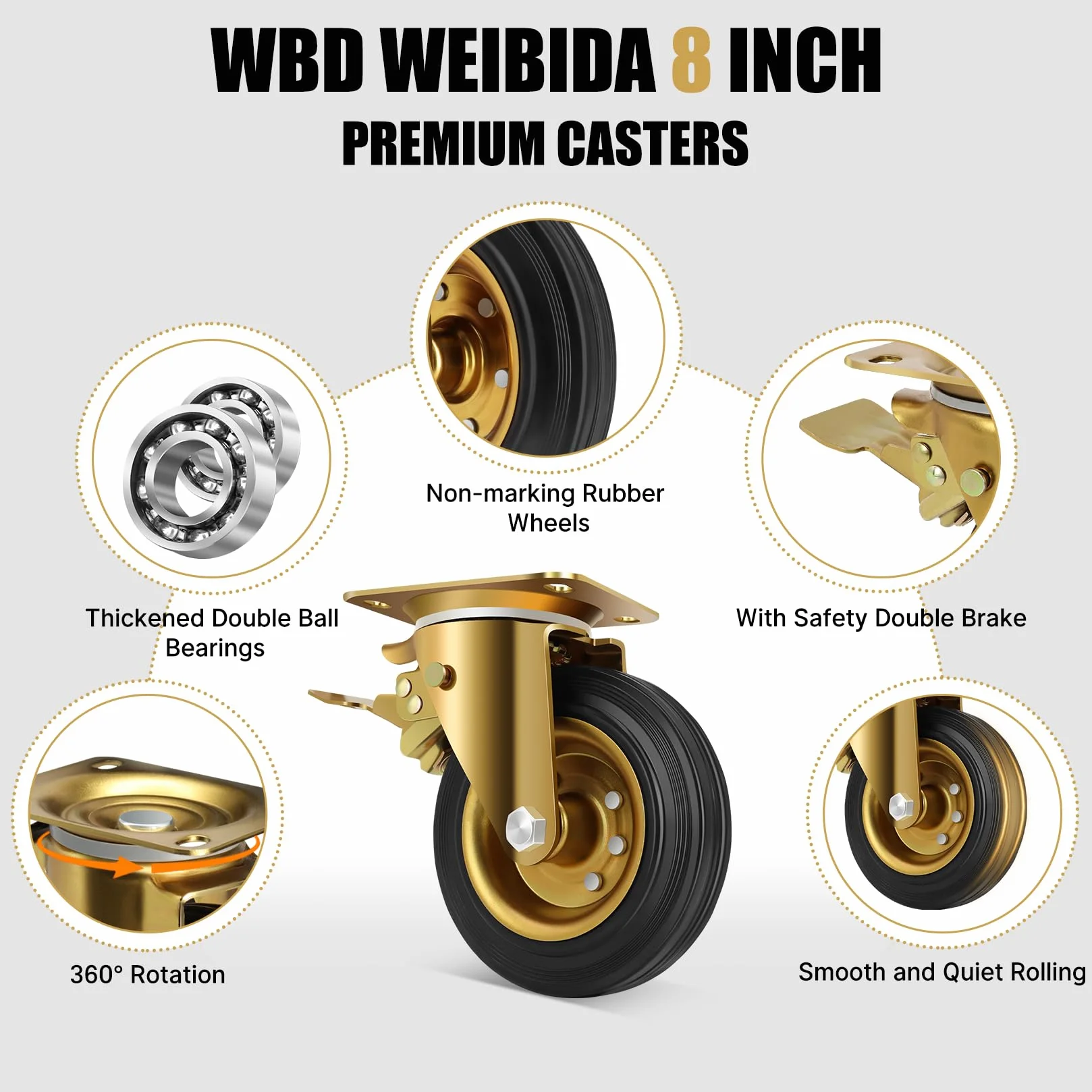 WBD Weibida Schwerlast-Plattenrollen, 15,2 cm, 4 Stück, 1179 kg, industrielle Gummiräder für Wagen, Möbel und Werkbank, Outdoor-Rollen, Doppelverriegelung (4 Bremsen, kostenloser Schraubenschlüssel)