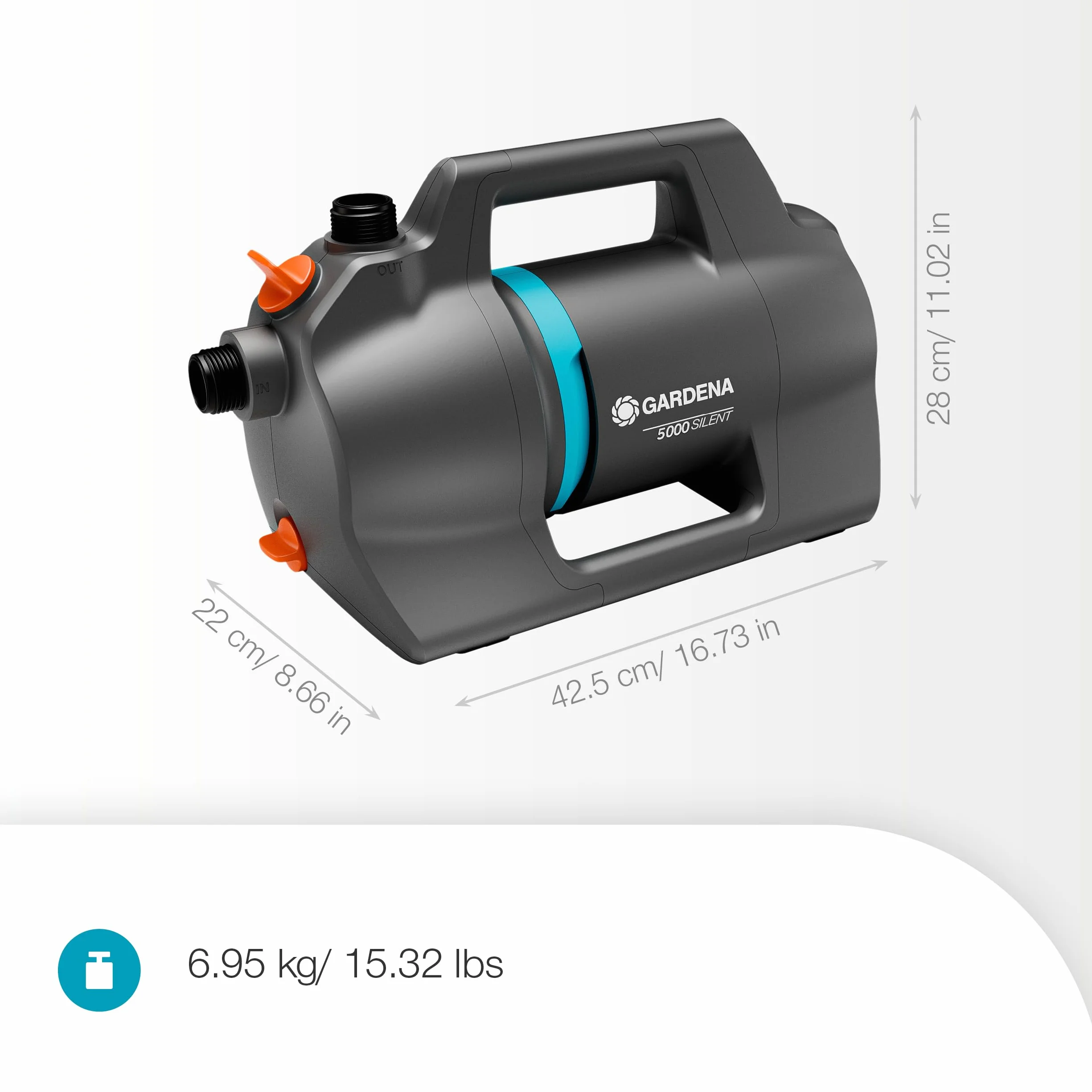 Gardena Gartenpumpe 5000 Silent Pumpen: 26% mehr Wasserdurchfluss bei gleichem Energieverbrauch*, Silent-Technologie, Regen- und UV-geschütztes Gehäuse (09080-20)
