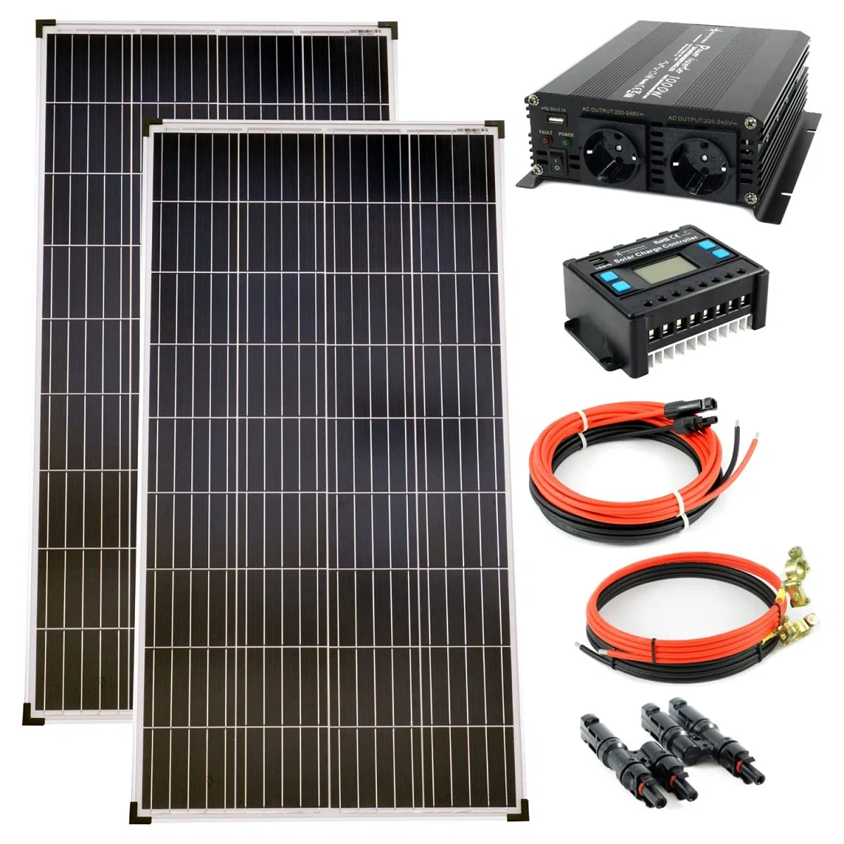 solartronics Komplettset 2x130 Watt Poly Solarmodul 1000 W Spannungswandler 20A Laderegler blau Photovoltaik Inselanlage