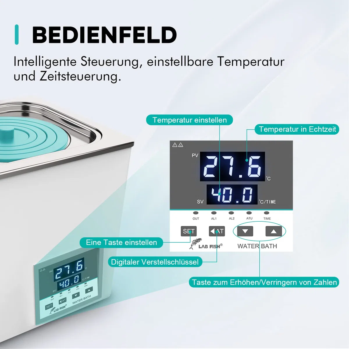 LAB FISH Laborwasserbad 3L, 300W - Einzelbohrung, Edelstahl - Präzisions-Thermostat ±0,1°C - Timer 0-999 Min - LED Display