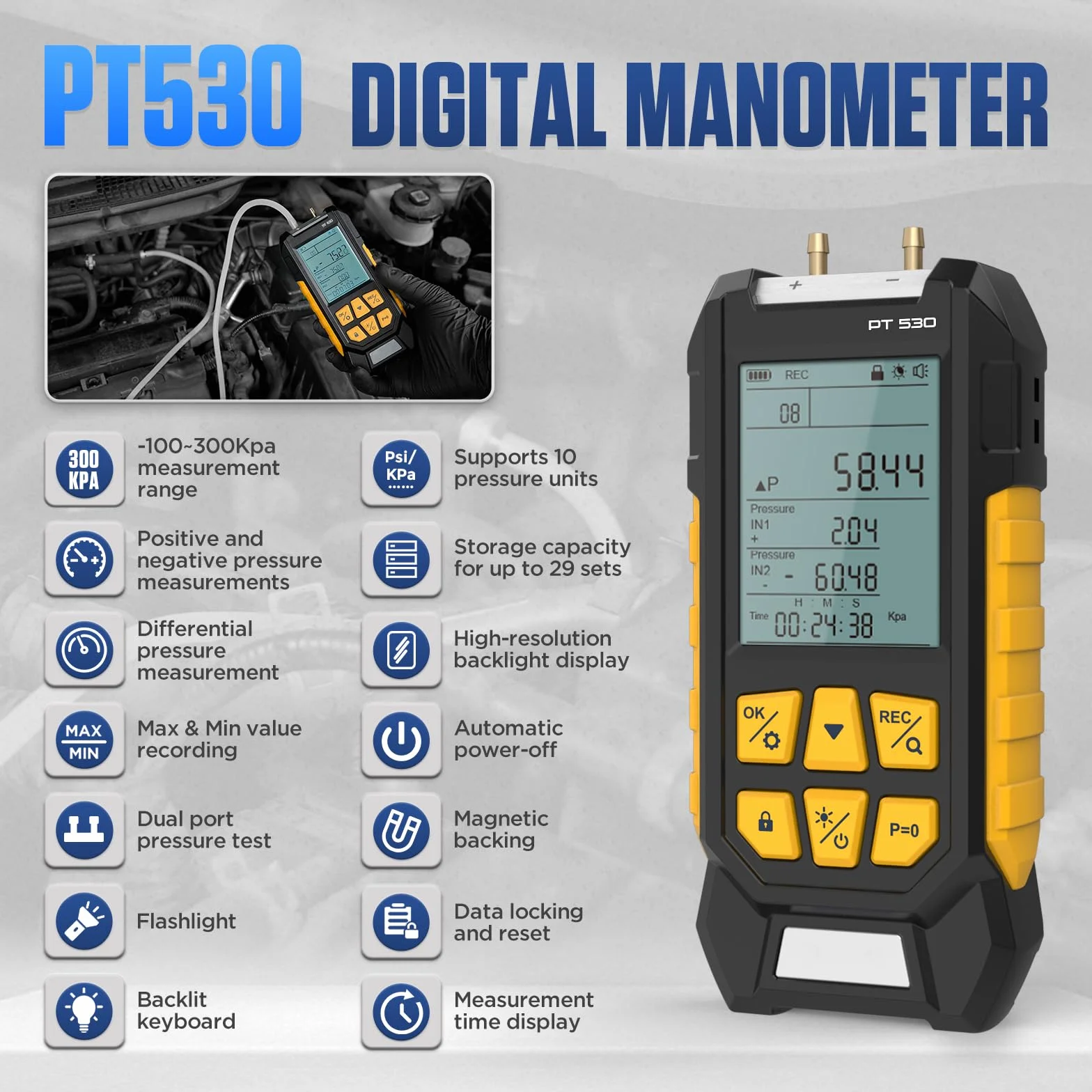 PT530 Manometer-Gasdruckprüfer -100 bis 300 Kpa Digitales Dual-Port-Feldmanometer HVAC 10 Einheiten 7 Adapter, Datensperre und -speicherung Display mit Hintergrundbeleuchtung