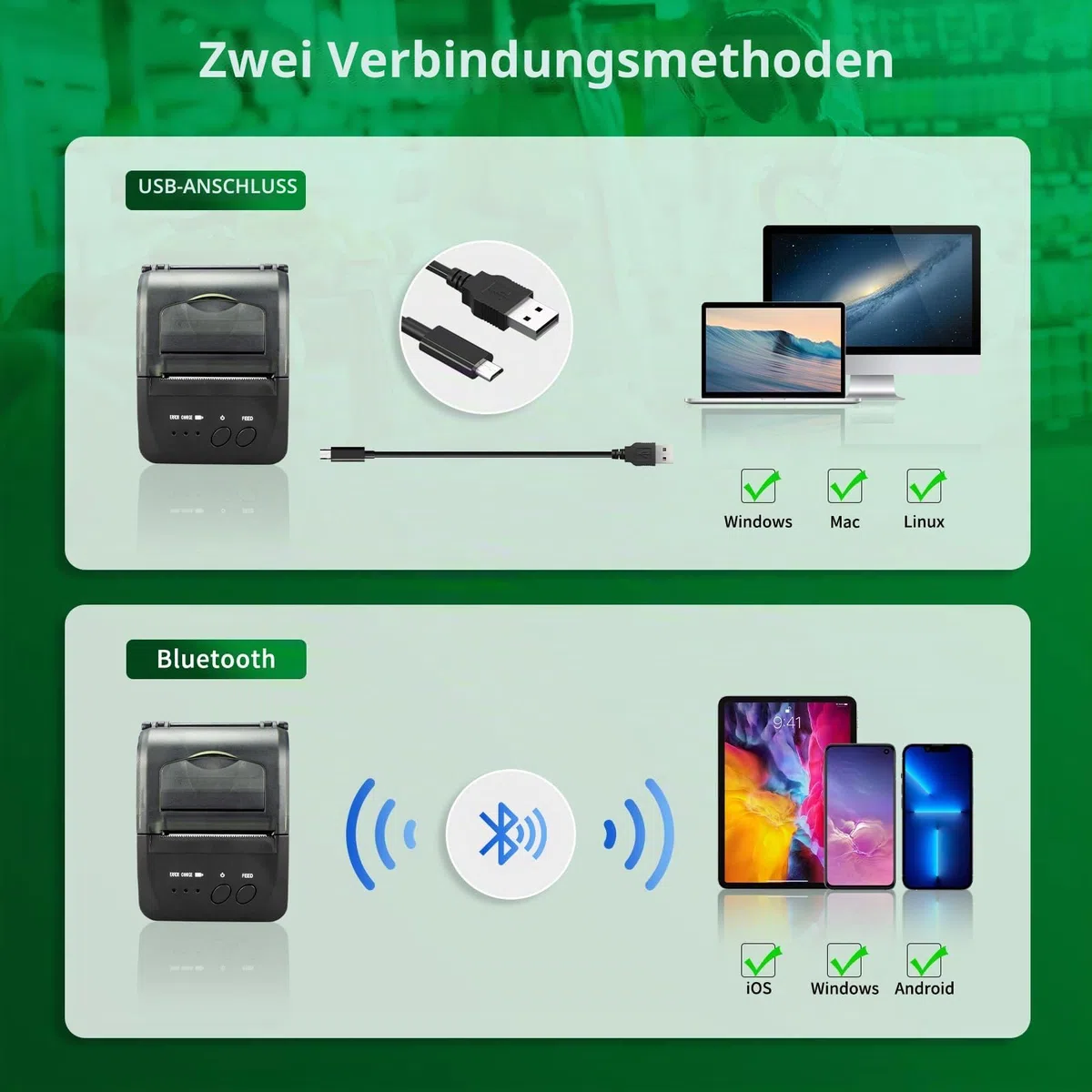 NetumScan Bluetooth Wireless Thermobondrucker, 2 Zoll 58mm Mini USB POS Drucker für Restaurant Einzelhandel Kompatibel mit Android/iOS/PC/Windows NS1809DD